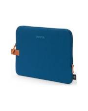 Blaue gepolsterte Laptop-Schutzhülle mit orangefarbenen Reißverschluss-Laschen auf weißem Hintergrund.