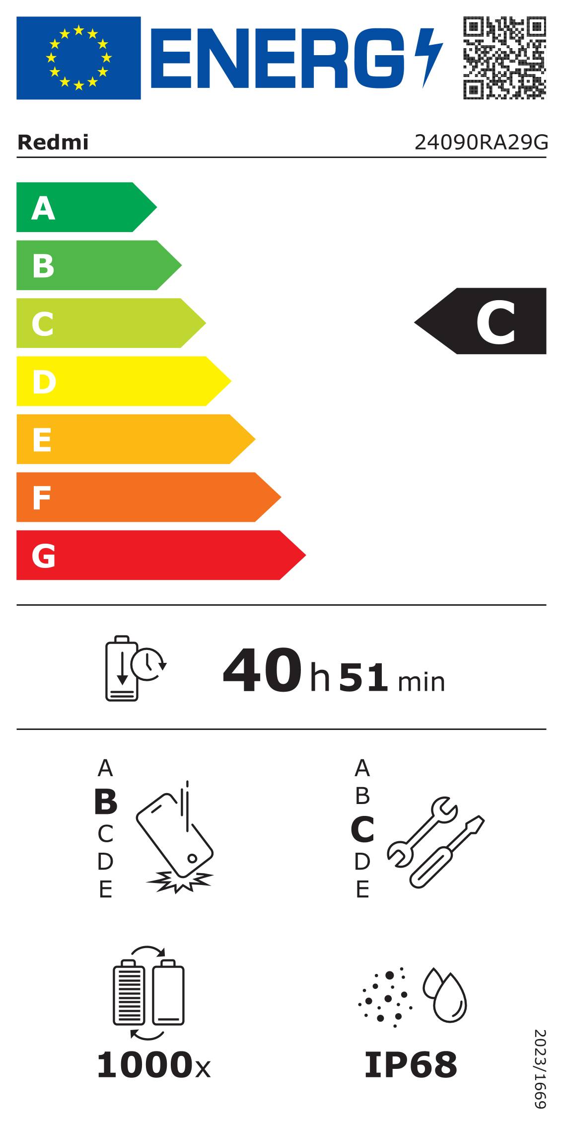 „Energieeffizienzskala von A bis G mit Pfeil, der auf C zeigt und moderate Effizienz angibt. Darunter zeigt ein Batteriesymbol 40h 51min.