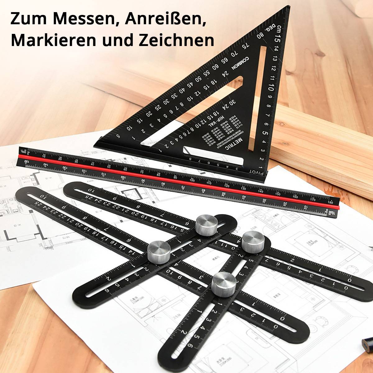 STAHLWERK Lineal Set mit Multiwinkel-Messlineal, Dreikant-Lineal, Winkeldreieck