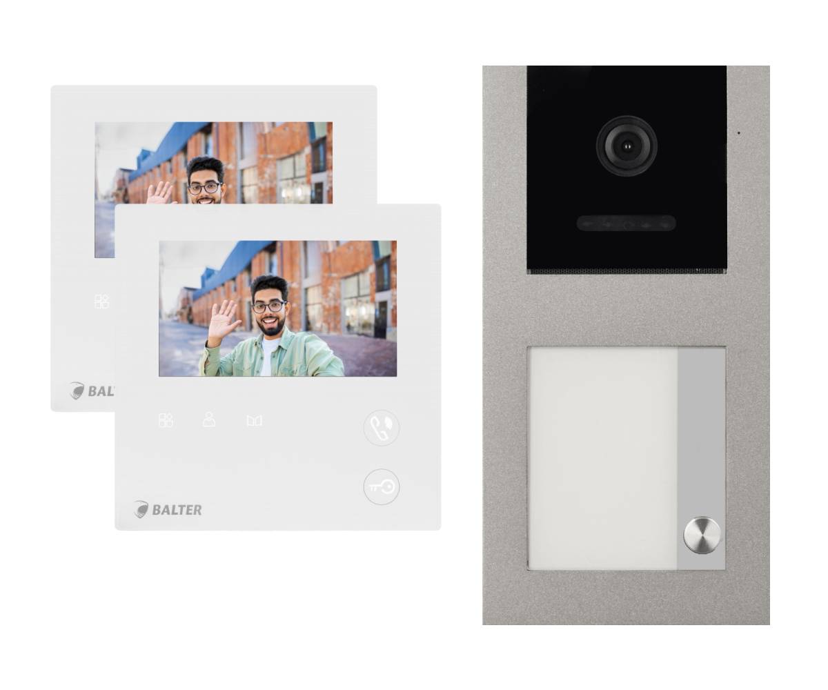 BALTER EVO-MINI Aufputz Video Türsprechanlage 2-Draht Komplett-Set 1-Familie 2 Monitore Grau - Weiß