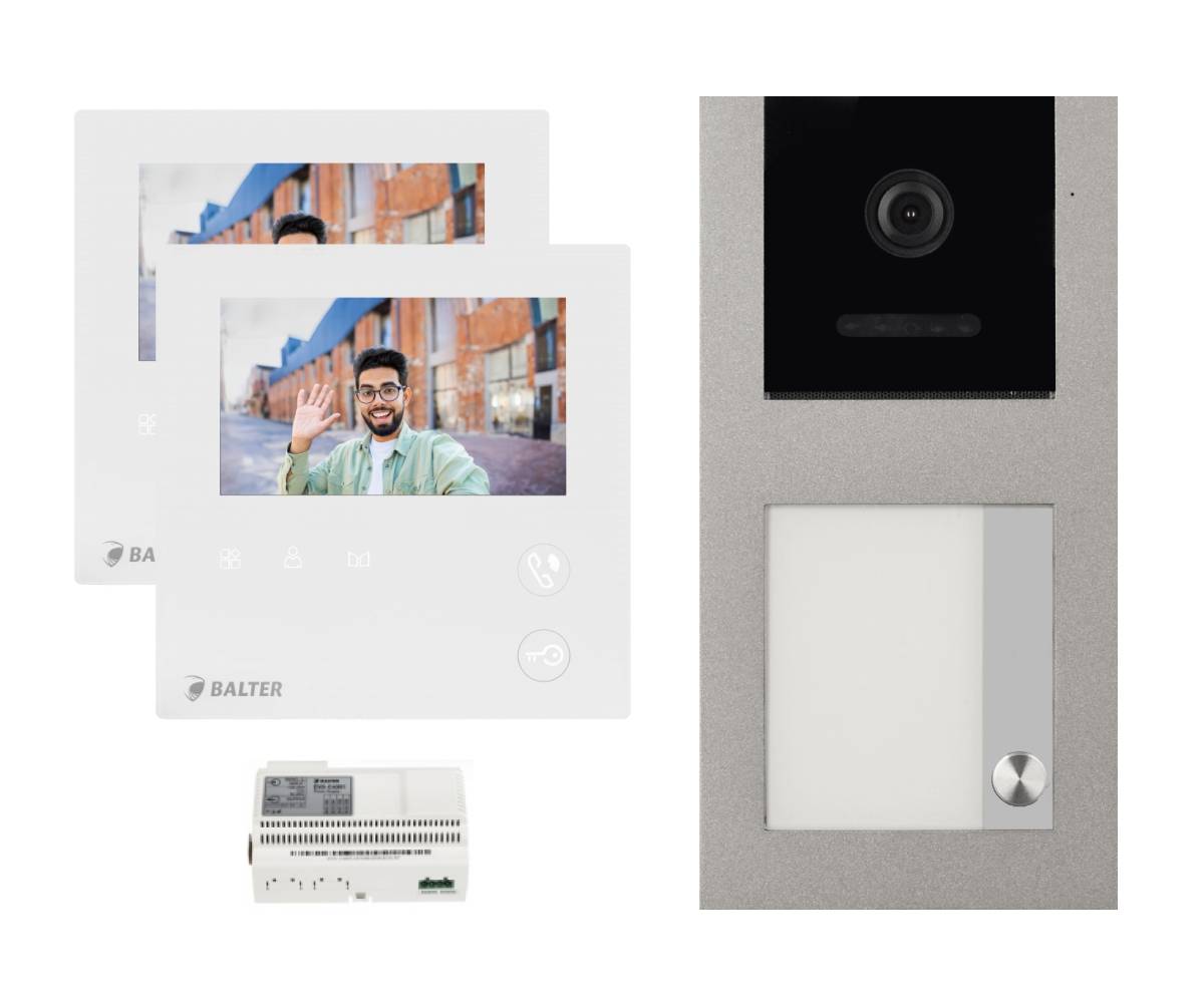 BALTER EVO-MINI Aufputz Video Türsprechanlage 2-Draht Komplett-Set 1-Familie 2 Monitore Grau - Weiß