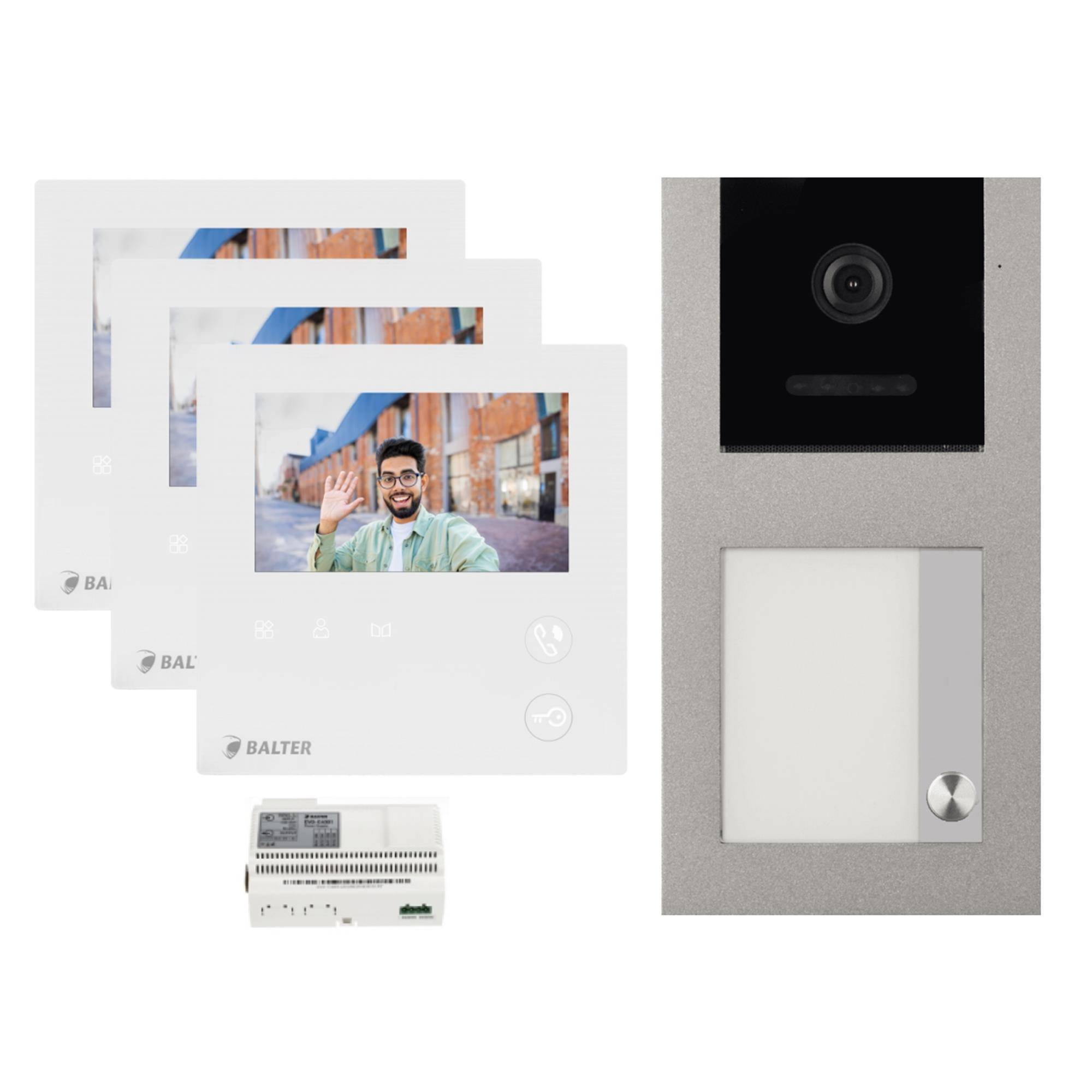 BALTER EVO-MINI Aufputz Video Türsprechanlage 2-Draht Komplett-Set 1-Familie 3 Monitore Grau - Weiß