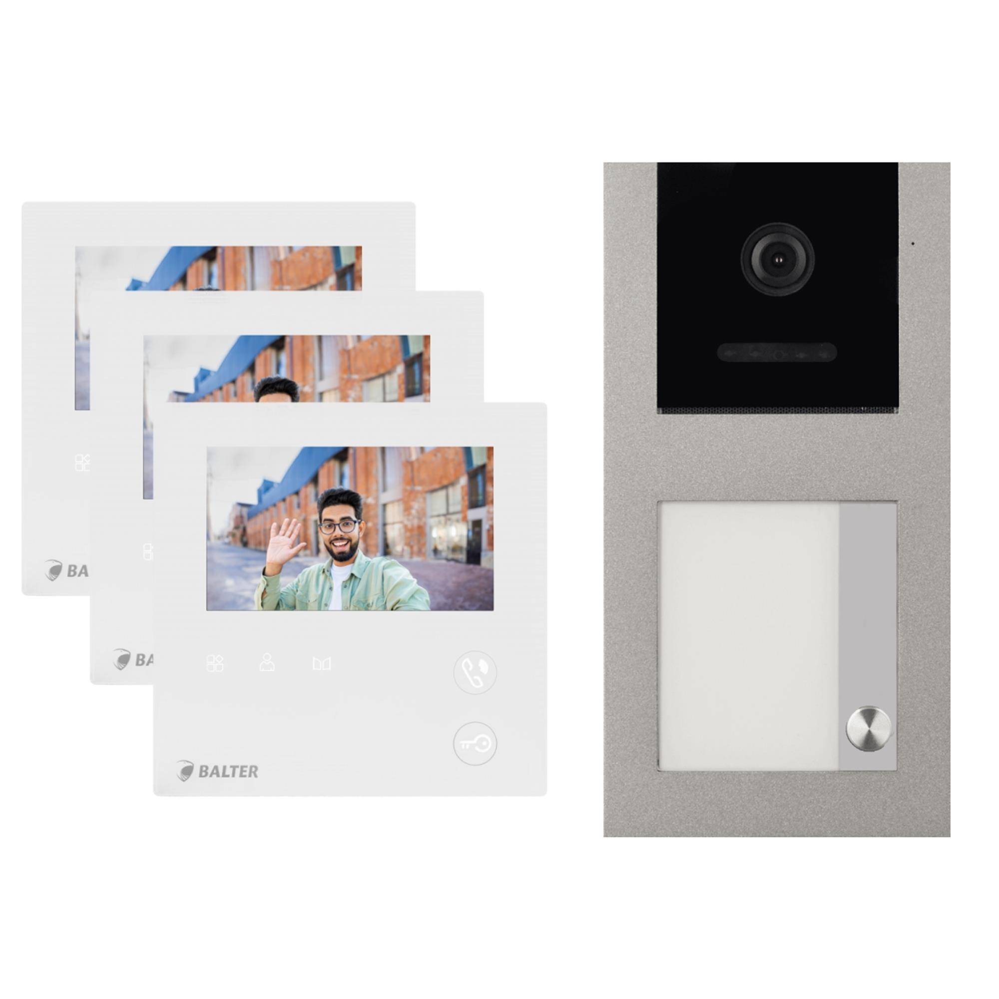 BALTER EVO-MINI Aufputz Video Türsprechanlage 2-Draht Komplett-Set 1-Familie 3 Monitore Grau - Weiß