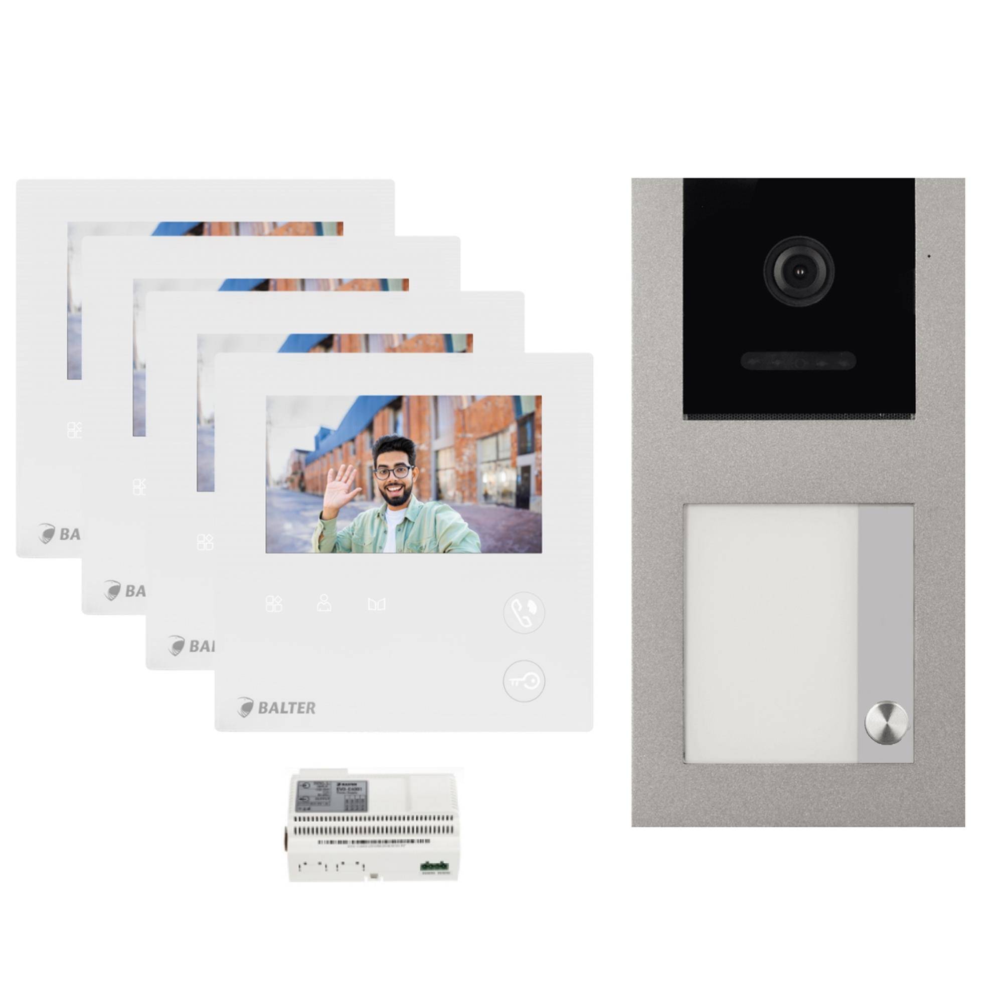 BALTER EVO-MINI Aufputz Video Türsprechanlage 2-Draht Komplett-Set 1-Familie 4 Monitore Anthrazitgrau - Weiß