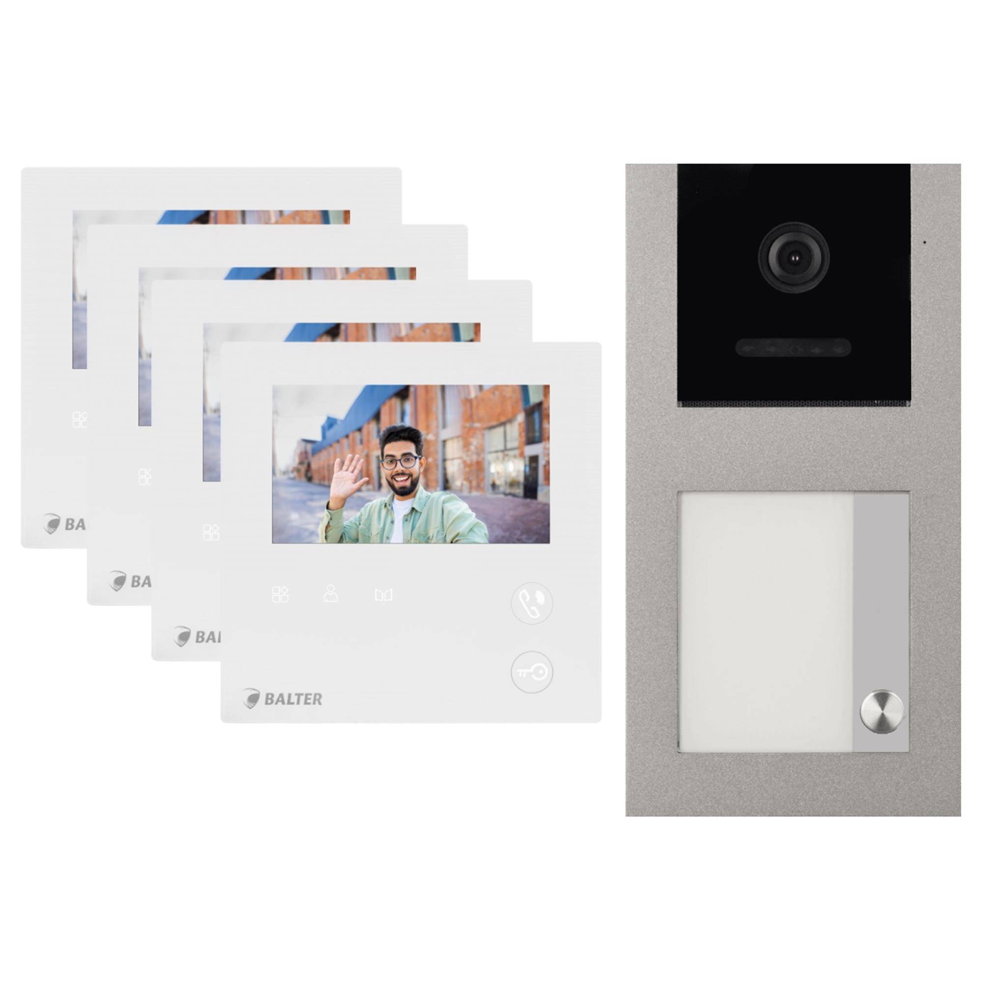BALTER EVO-MINI Aufputz Video Türsprechanlage 2-Draht Komplett-Set 1-Familie 4 Monitore Grau - Weiß