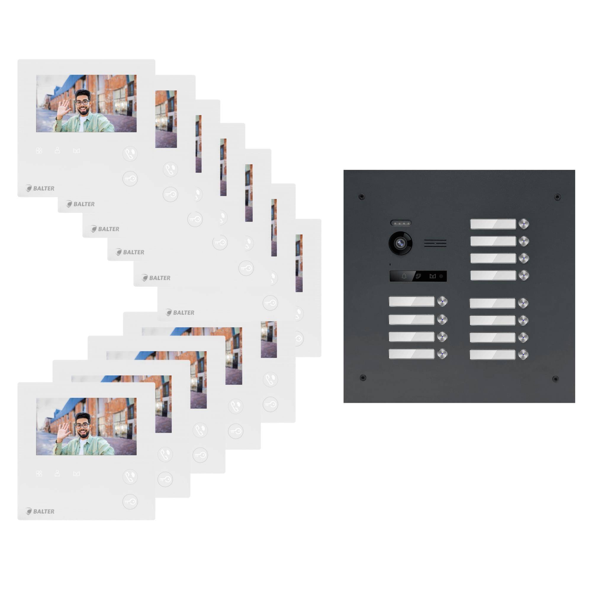 BALTER EVO-MINI Video Türsprechanlage 2-Draht Komplett-Set 12-Familie Anthrazitgrau - Weiß