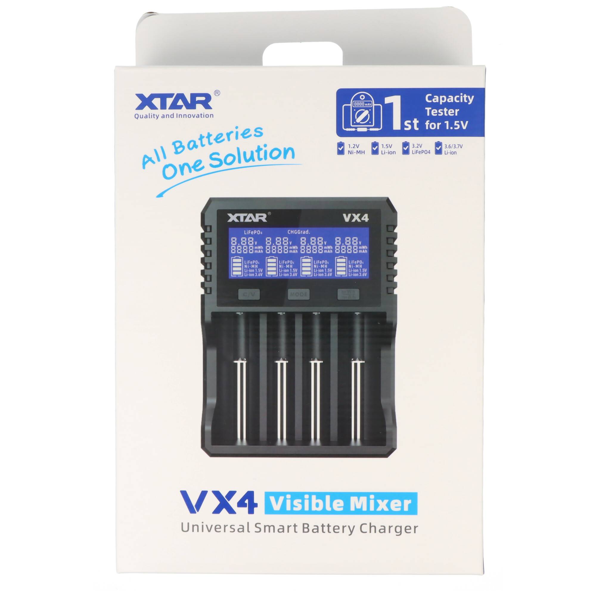 Universelles intelligentes Batterieladegerät, Modell VX4 Visible Mixer von XTAR, in der Verpackung gezeigt. Zu den Funktionen gehört ein Kapazitätstester für 1,5-V-Batterien.
