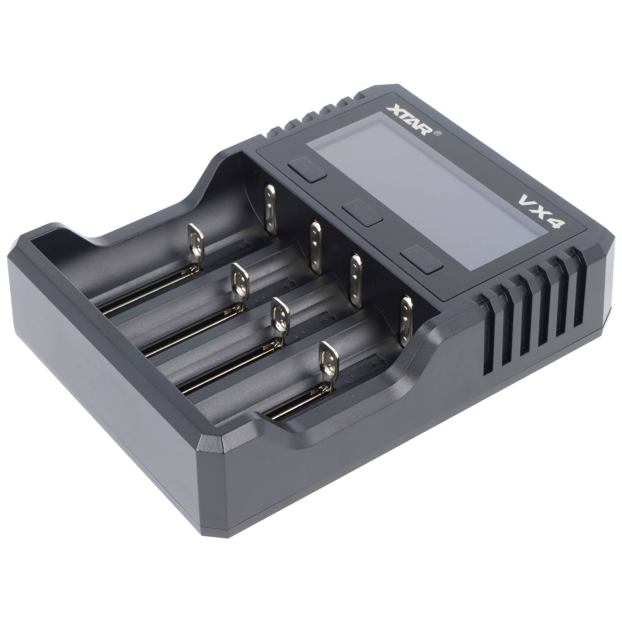 Batterieladegerät mit vier Steckplätzen und digitaler Anzeige. Entwickelt zum gleichzeitigen Laden mehrerer Batterien.