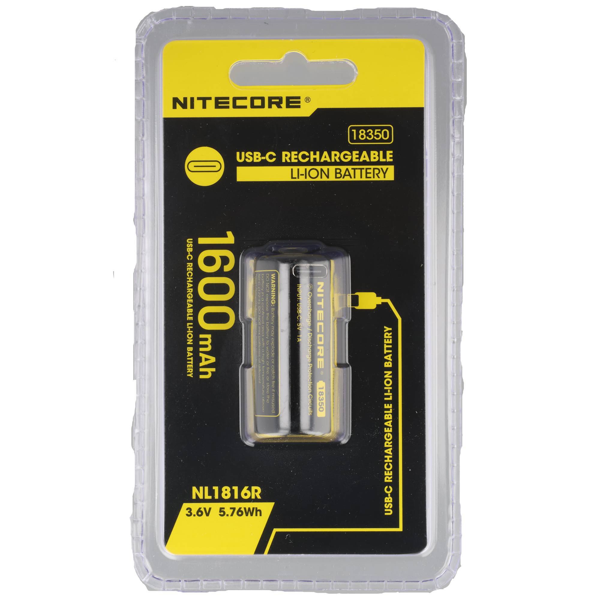 Nitecore 18350 USB-C wiederaufladbare Li-Ionen-Batterie, 1600mAh, 3,6V, gezeigt in Einzelhandels-Blisterverpackung.