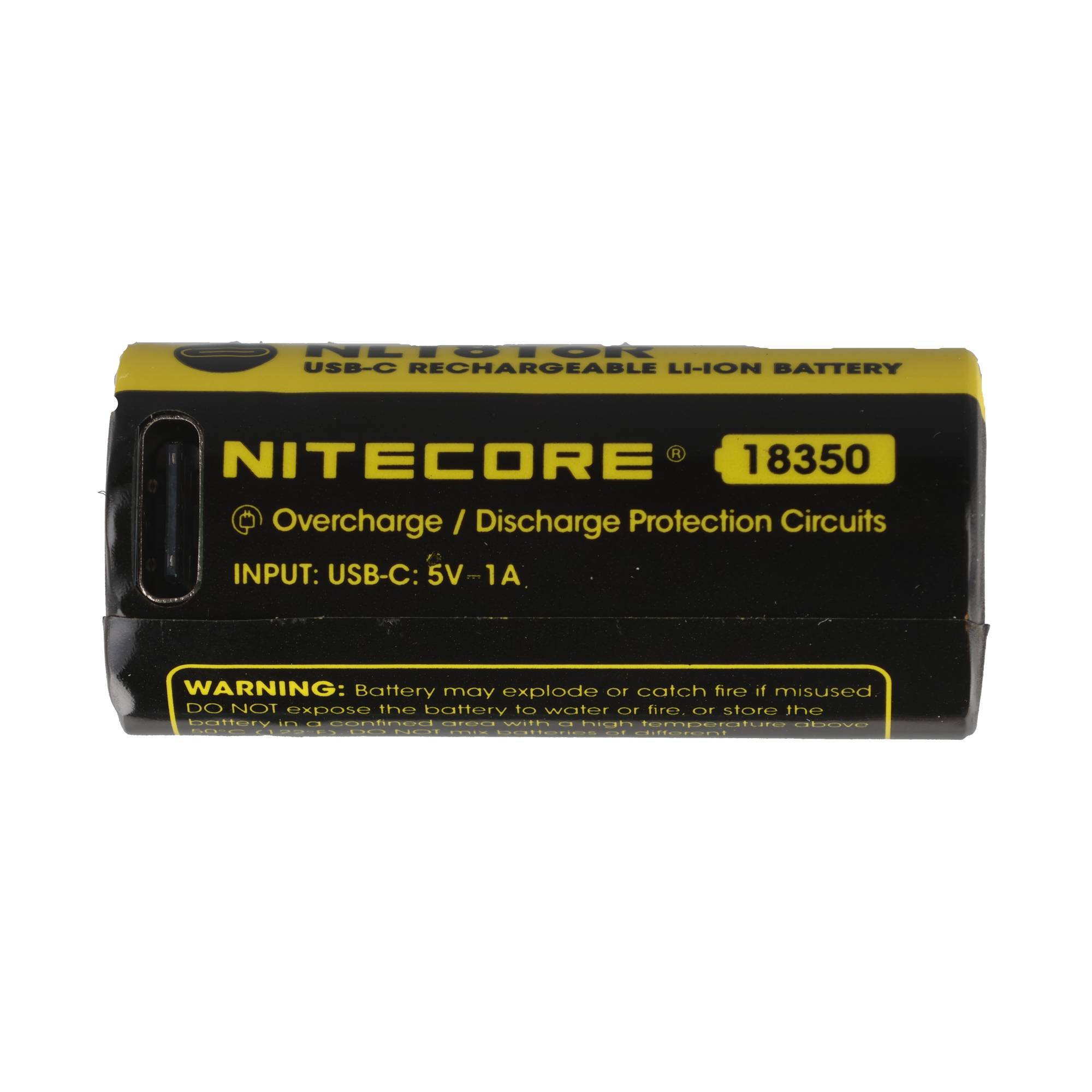 Nitecore 18350 USB-C wiederaufladbare Lithium-Ionen-Batterie, schwarz und gelb mit Überladungs-/Entladungsschutz und Eingangsetikett 5V-1A.