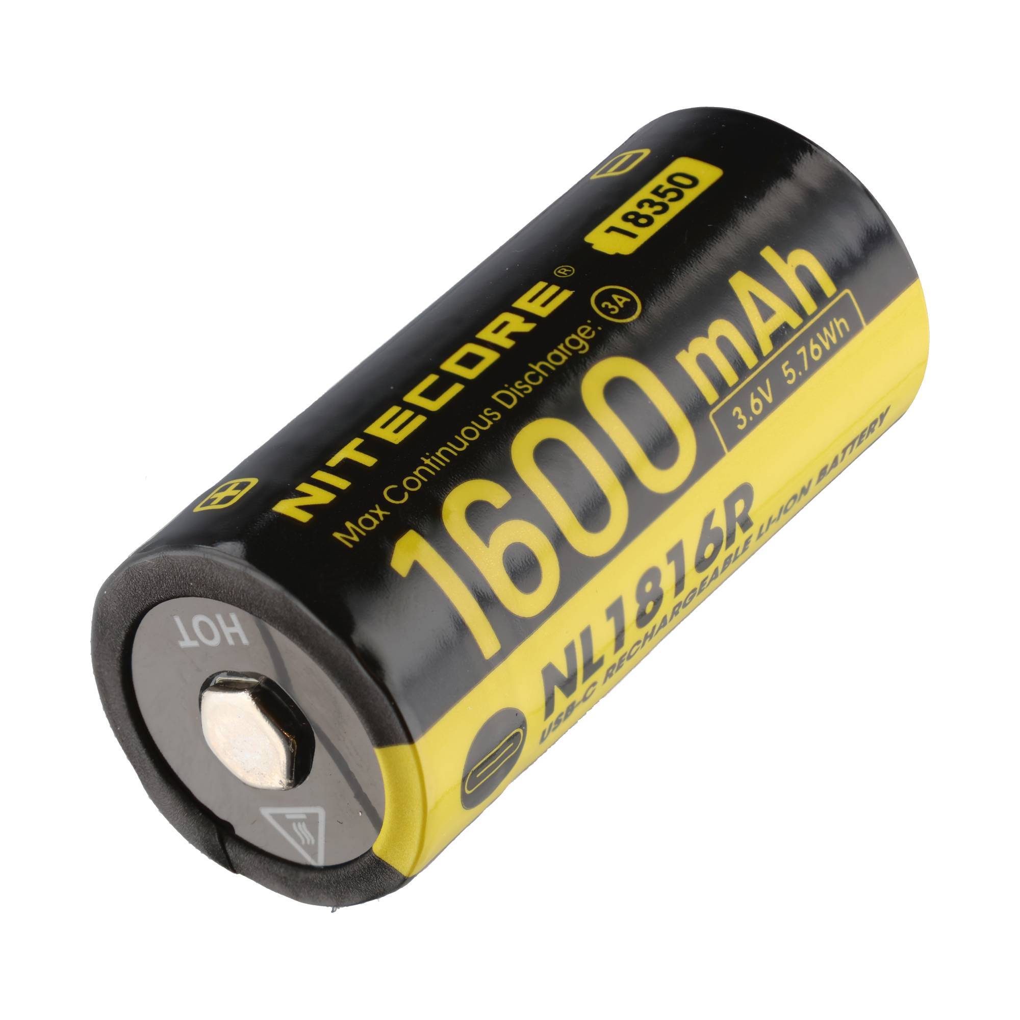 Schwarz-gelbe NITECORE 18350 wiederaufladbare Lithiumbatterie mit Bezeichnung 1600 mAh, 3,6V 5,76Wh.