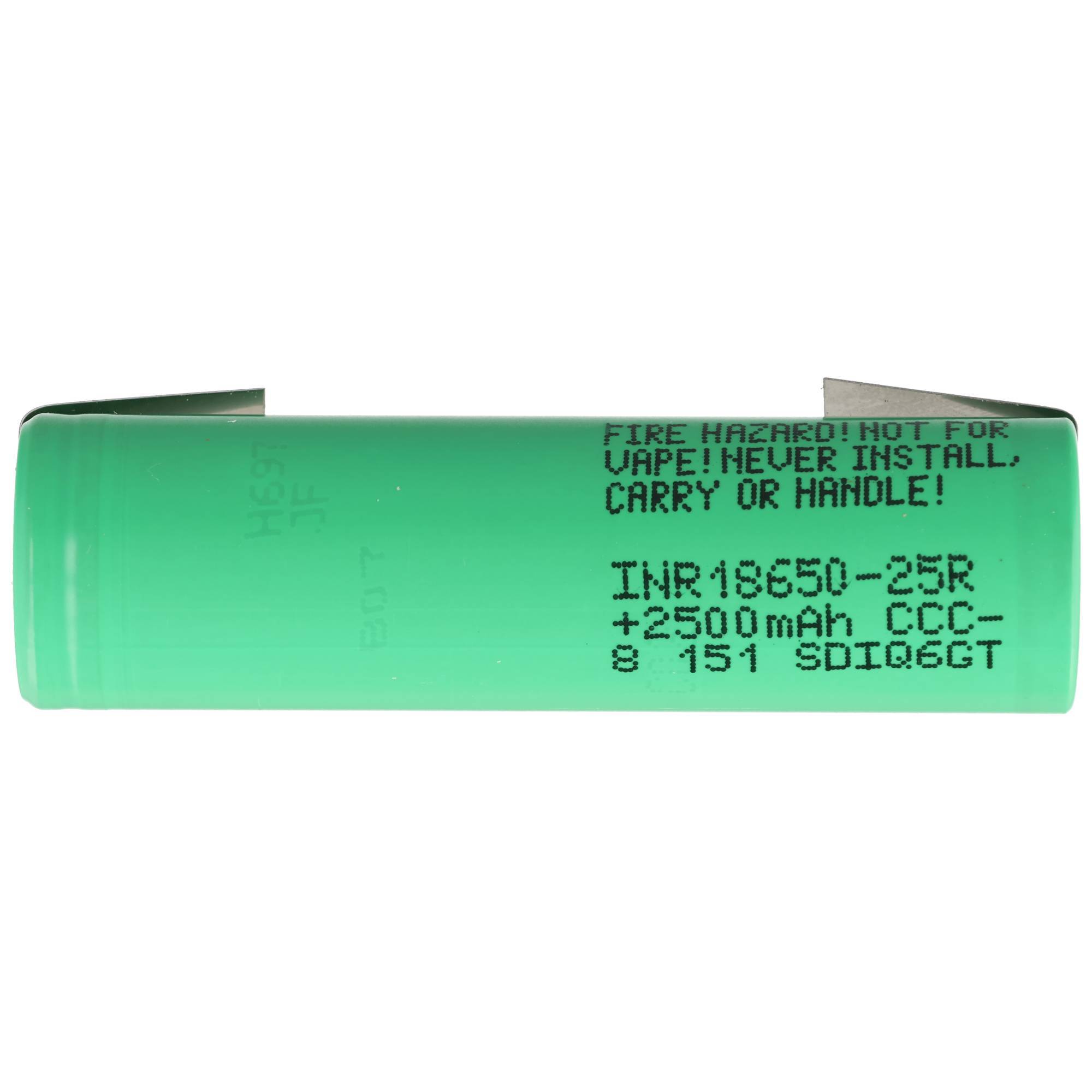 Grüne zylindrische wiederaufladbare Batterie mit der Aufschrift „BRANDGEFAHR! NICHT FÜR VAPE! NIEMALS INSTALLIEREN, TRANSPORTIEREN ODER HANDHABEN!
