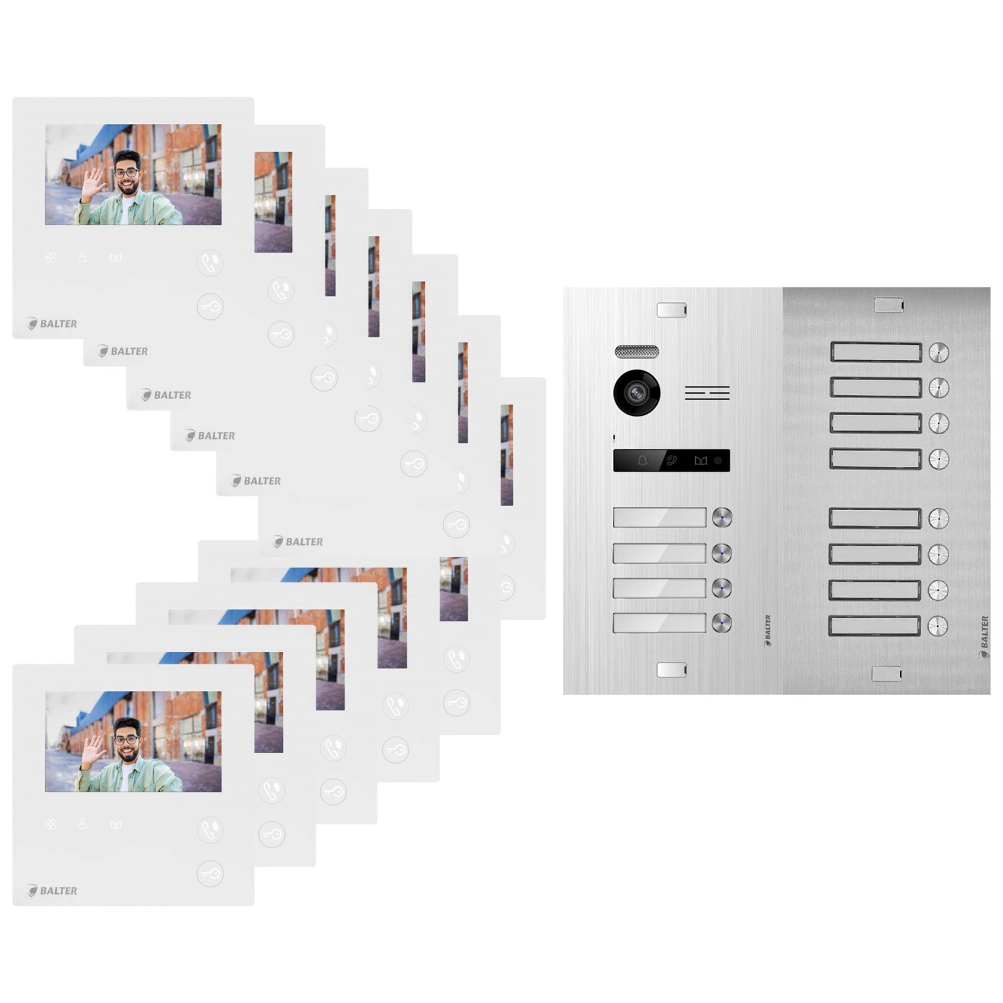 BALTER EVO-MINI Video Türsprechanlage 2-Draht Komplett-Set 12-Familie Silber - Weiß