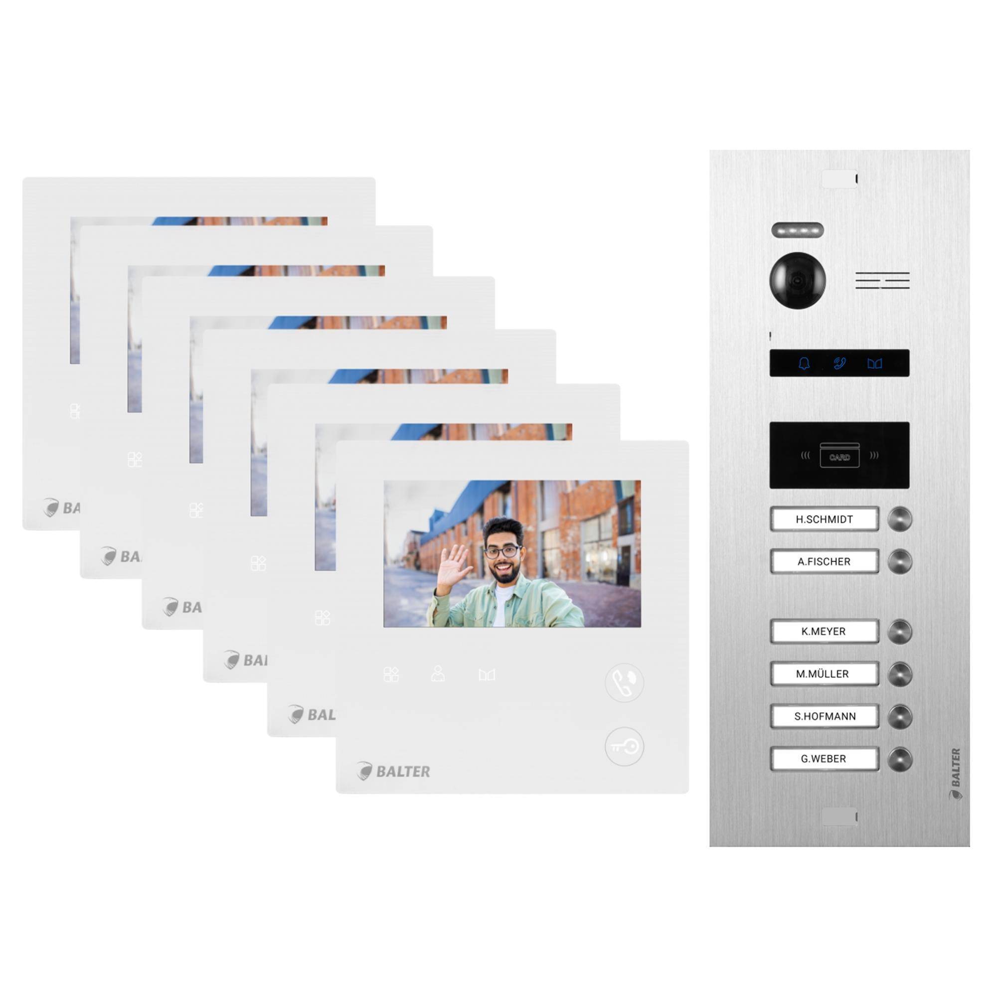 BALTER EVO-MINI Video Türsprechanlage 2-Draht Komplett-Set 6-Familie mit RFID-Funktion Silber - Weiß