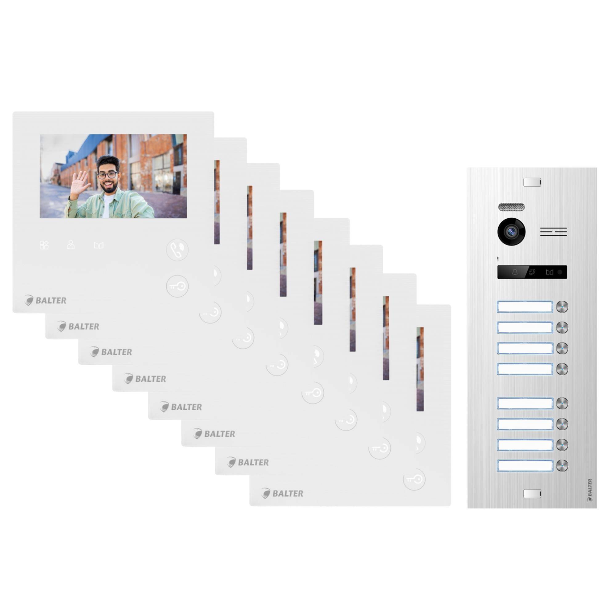 BALTER EVO-MINI Video Türsprechanlage 2-Draht Komplett-Set 8-Familie Silber - Weiß