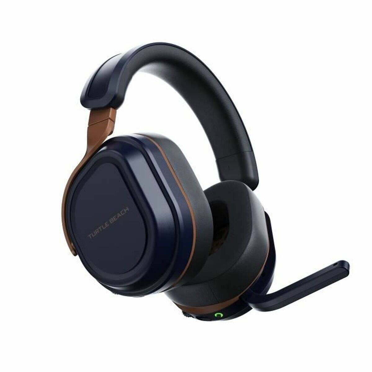 Kabelloses Over-Ear-Gaming-Headset mit Boom-Mikrofon, gezeigt in dunklem Marineblau und Schwarz mit Kupferakzenten auf weißem Hintergrund.