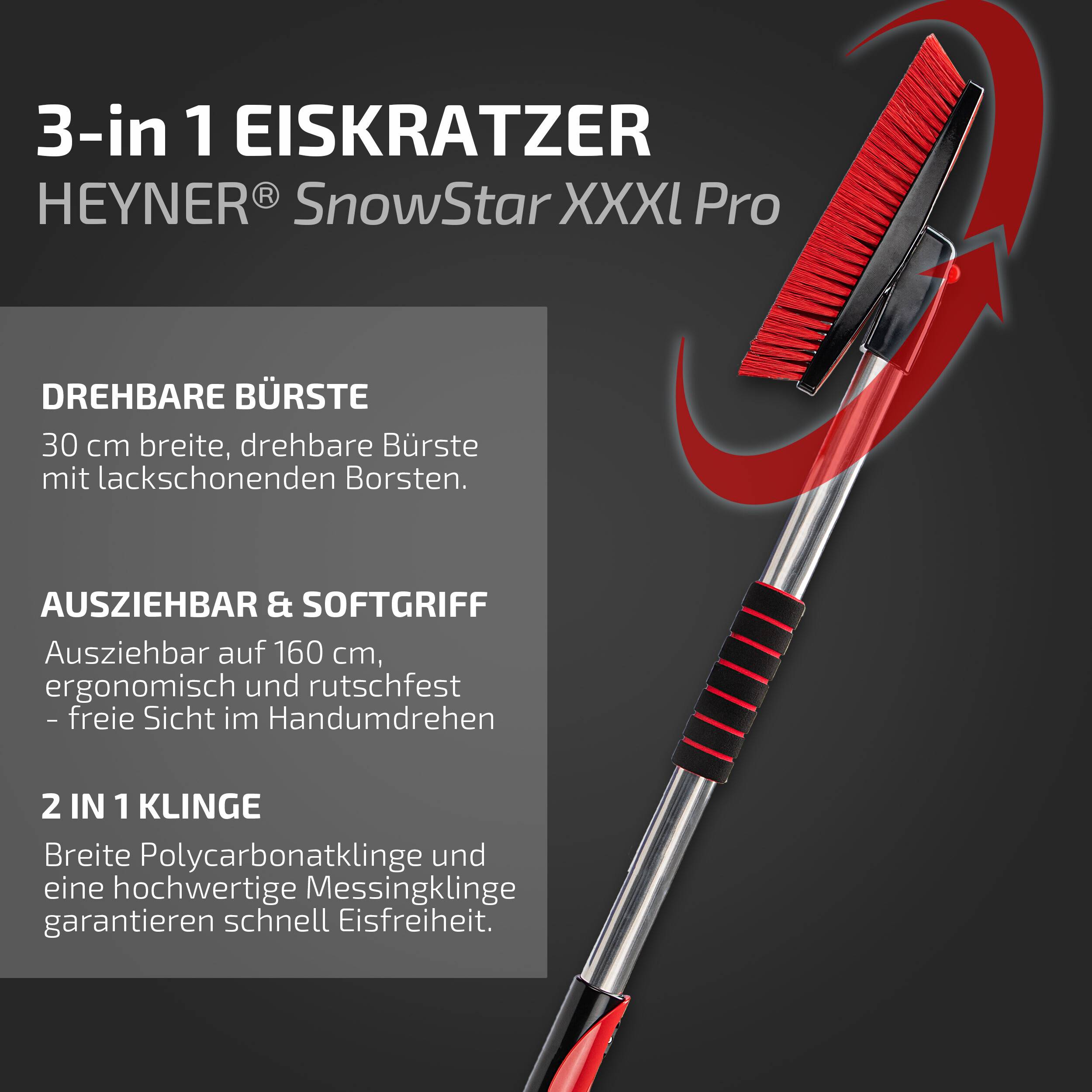 HEYNER® Schneebesen Teleskop 100-160 cm mit Messingklinge Eiskratzer 360 ° drehbar Scheibenkratzer schonend ausziehbar