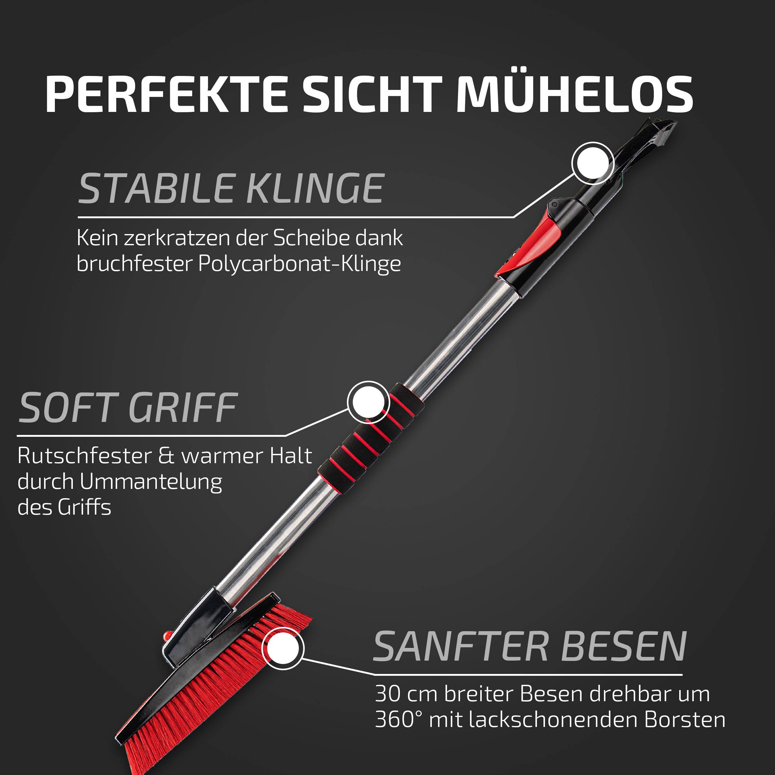 HEYNER® Schneebesen Teleskop 100-160 cm mit Messingklinge Eiskratzer 360 ° drehbar Scheibenkratzer schonend ausziehbar