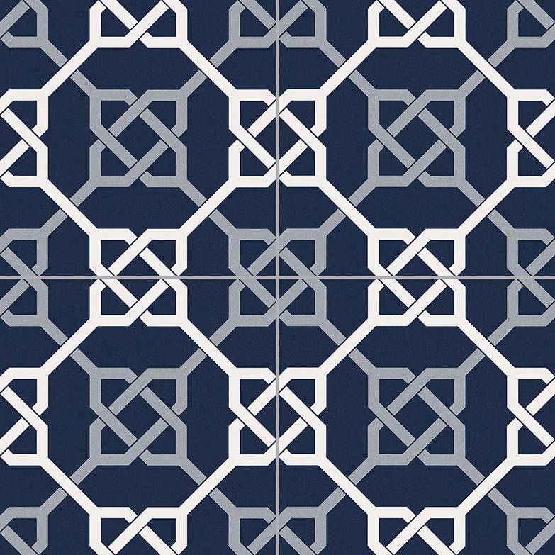 Nahtloses geometrisches Muster aus verflochtenen weißen und grauen Achtecken auf einem dunklen marineblauem Hintergrund.