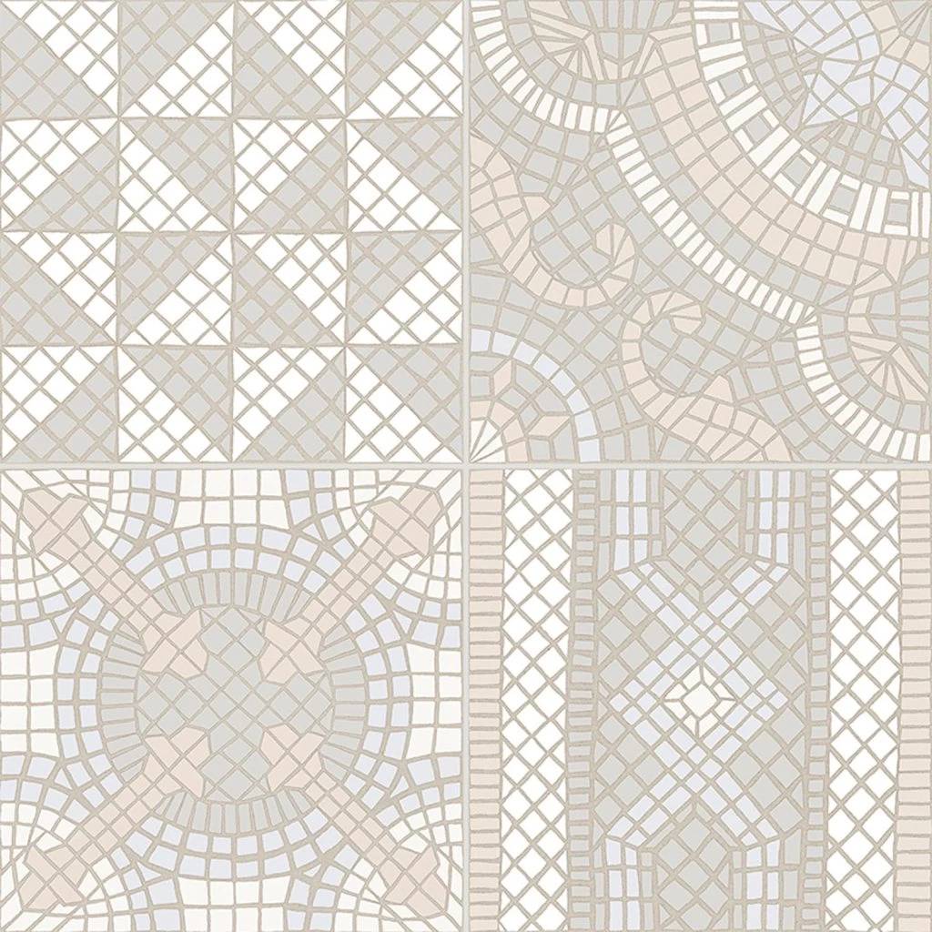 Abstraktes beige- und weißes Fliesenmuster mit geometrischem Gitterwerk und Mosaikmotiven, unterteilt in vier Abschnitte.