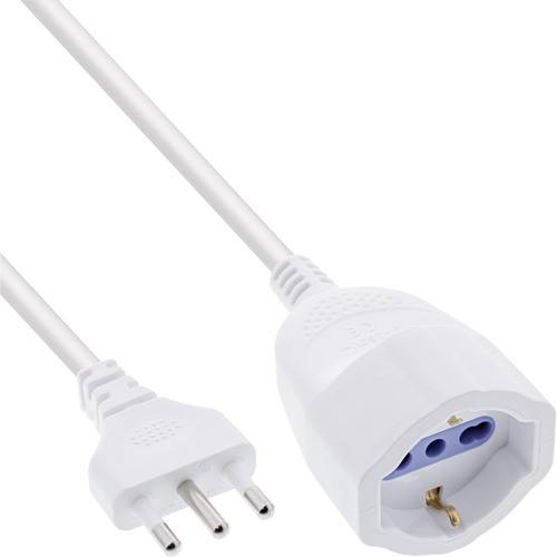 Ein europäischer Stecker- und Steckdosenadapter mit zwei runden Stiften und drei kreisförmigen Buchsen für die Stromverbindung.