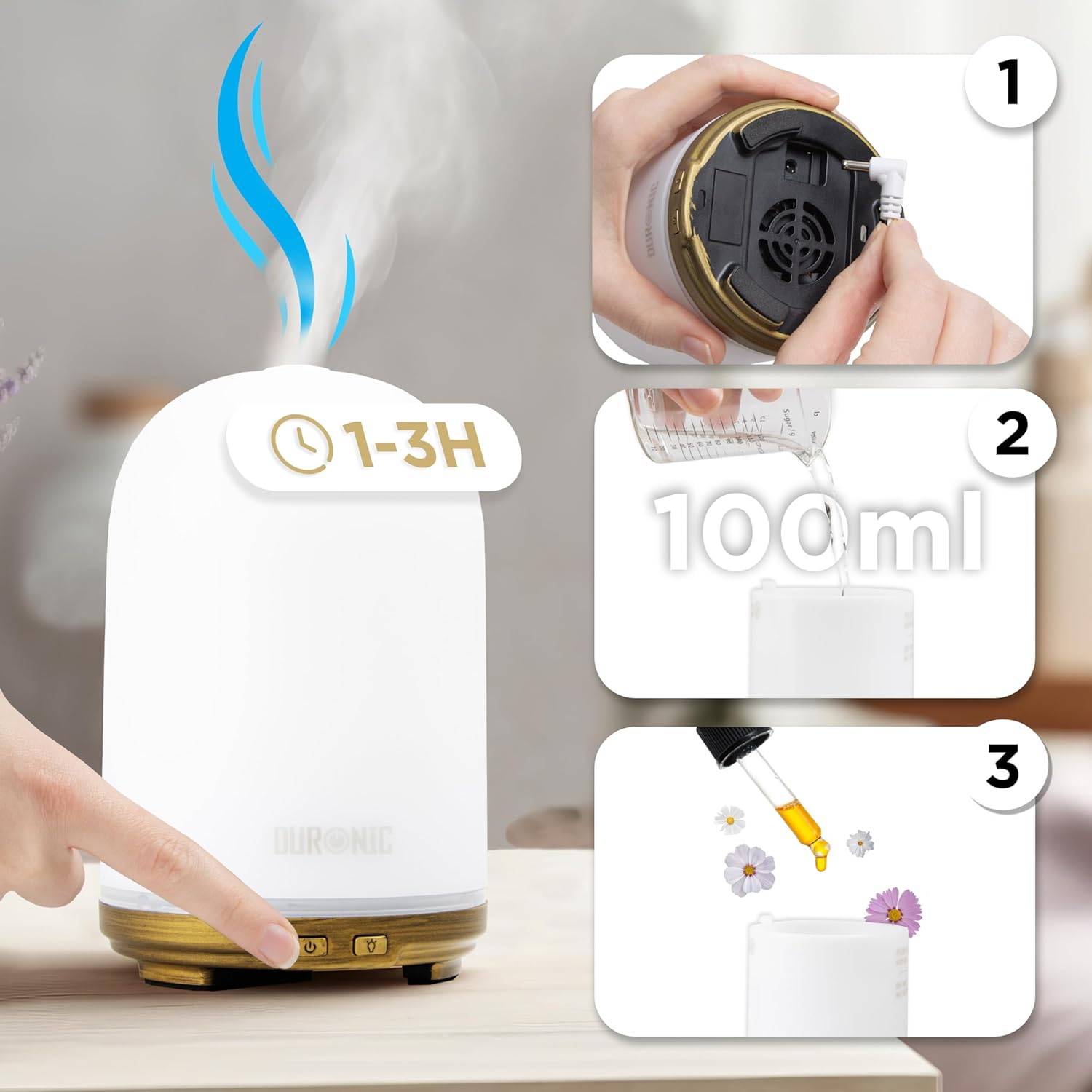 AD11 Aroma Diffuser, Diffuser mit 100 ml Wassertank, Diffusor für ätherische Öle, Raumduft als Lufterfrischer, Duftsprüher für Duftöl