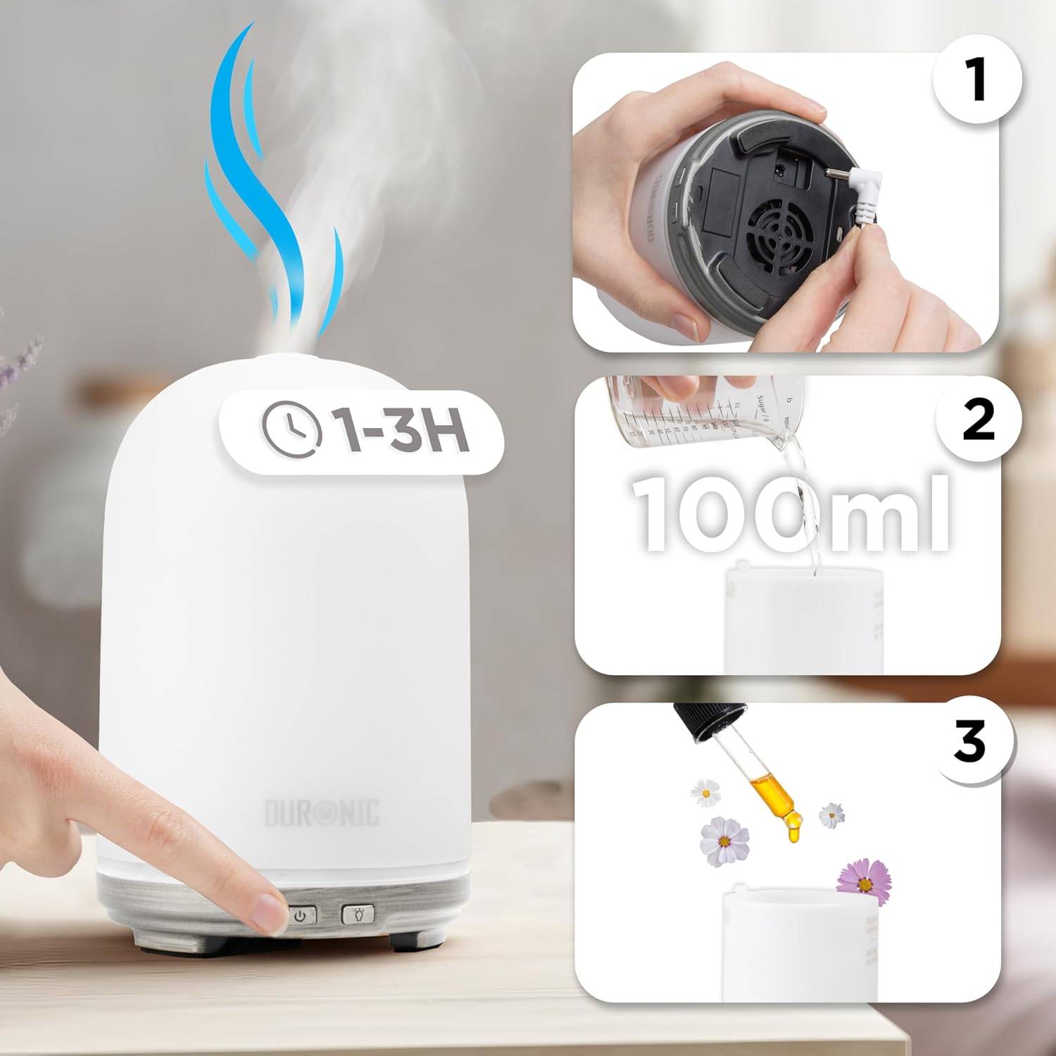 AD13 Aroma Diffuser, Diffuser mit 100 ml Wassertank, Diffusor für ätherische Öle, Raumduft als Lufterfrischer, Duftsprüher für Duftöl