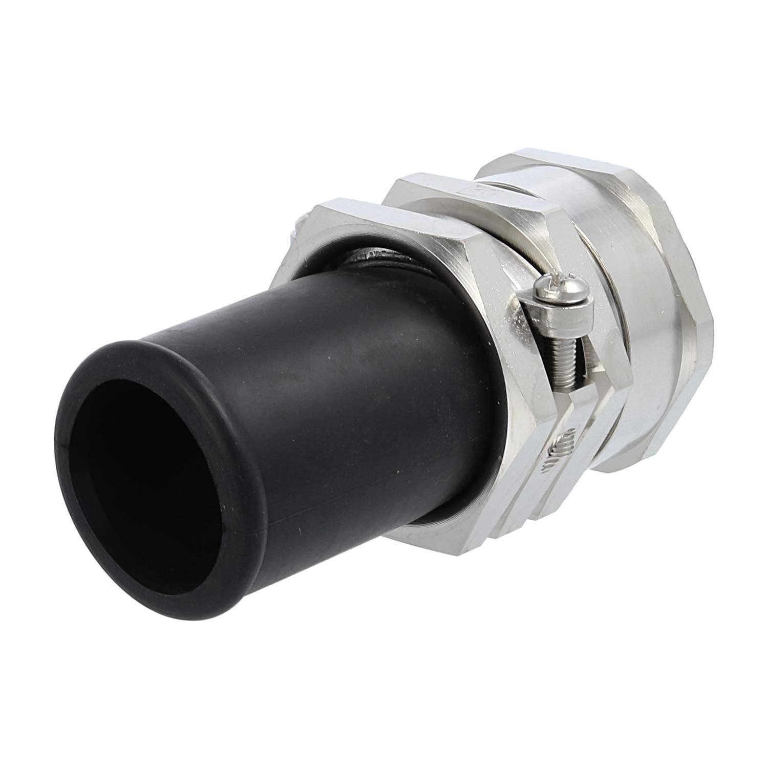 Kabelverschraubung mit einer schwarzen Gummidichtung und silberfarbenem Metallgehäuse, verwendet zum Sichern von Kabeln in elektrischen Geräten.