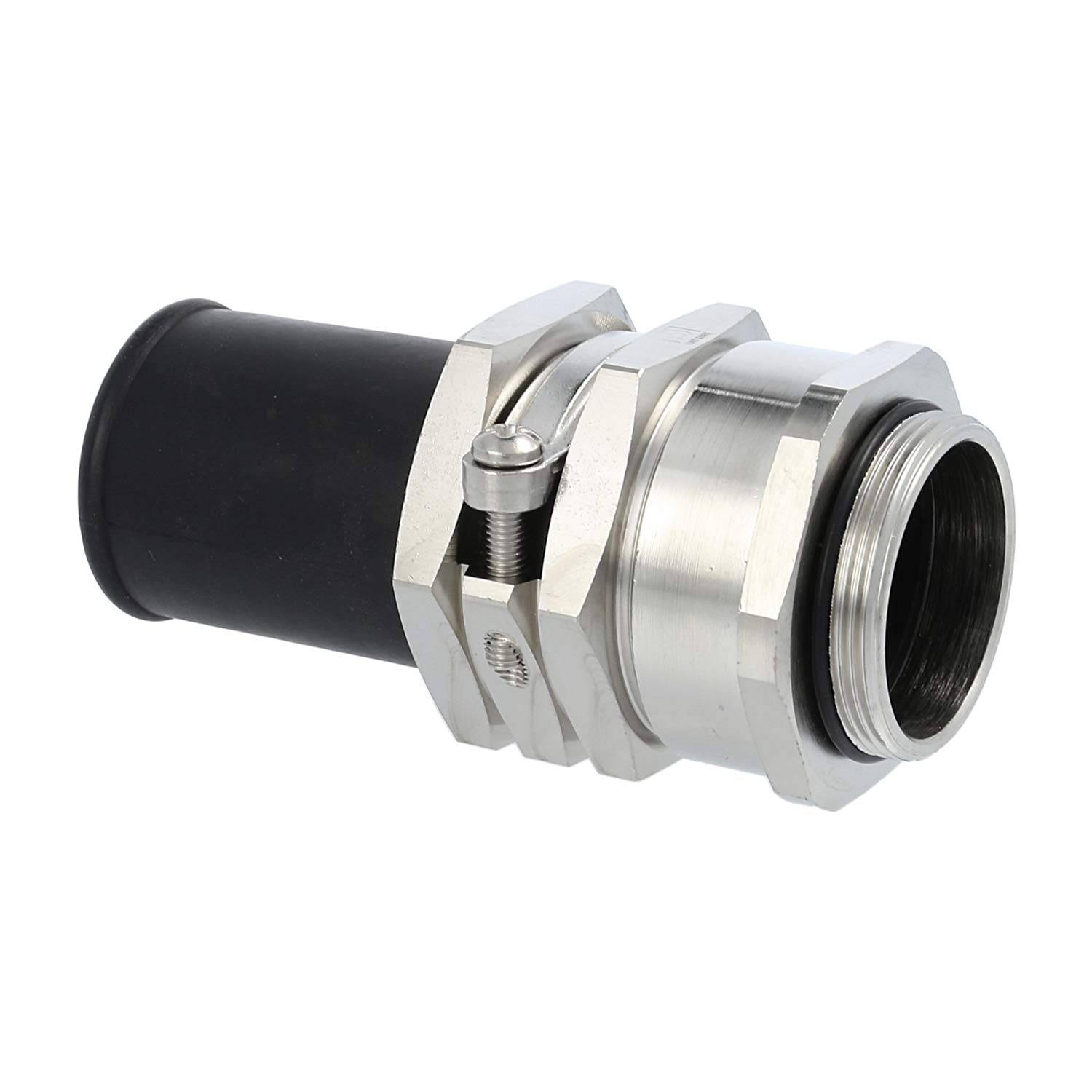 Eine Kabelverschraubung aus Metall mit Gummidichtung und Schraubmechanismus, die zum Sichern und Schutz von Kabeln bei der Verbindung mit Geräten oder Gehäusen verwendet wird.