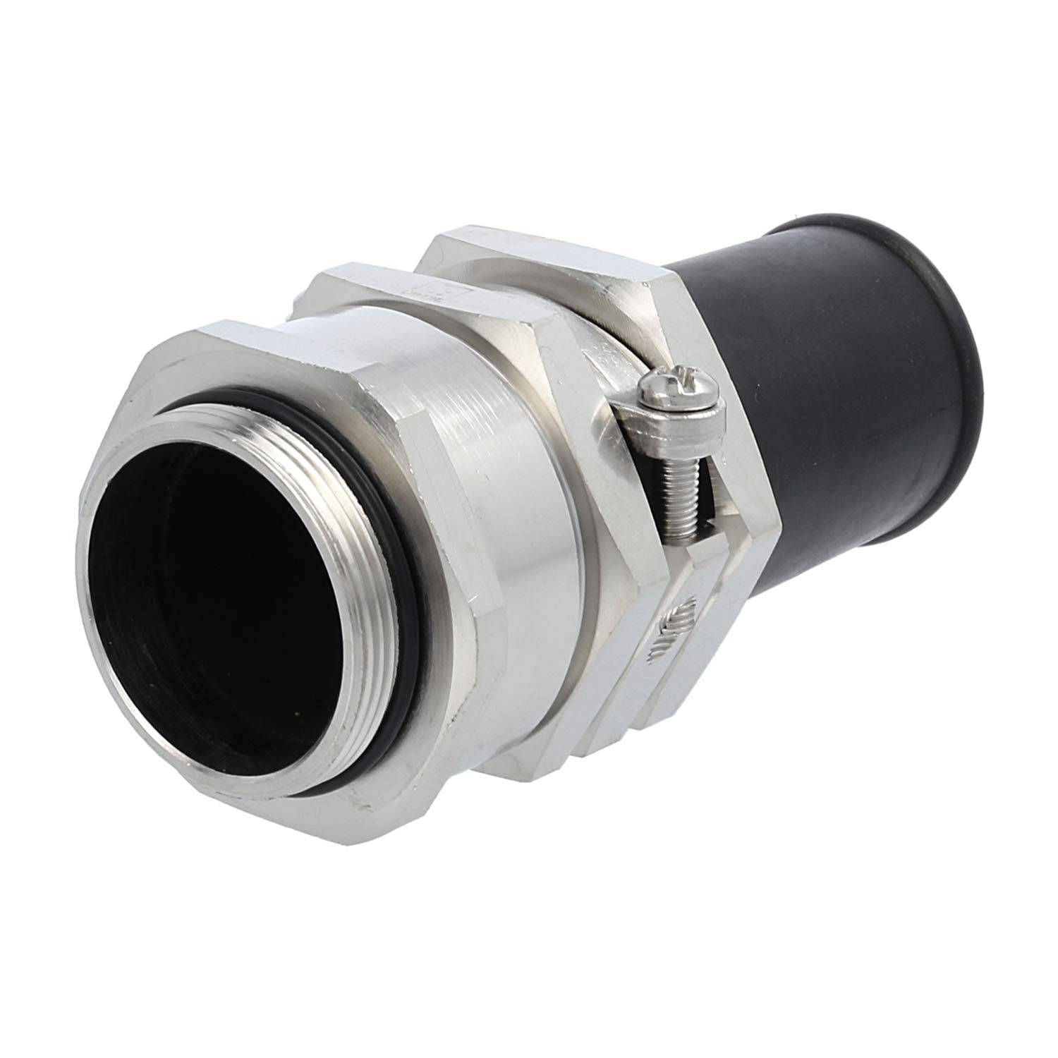 Gerade Leitungseinführung mit Metallgewinde und gerippter Dichtung, verwendet für elektrische Installationen zur Befestigung von Leitungen an Gehäusen.