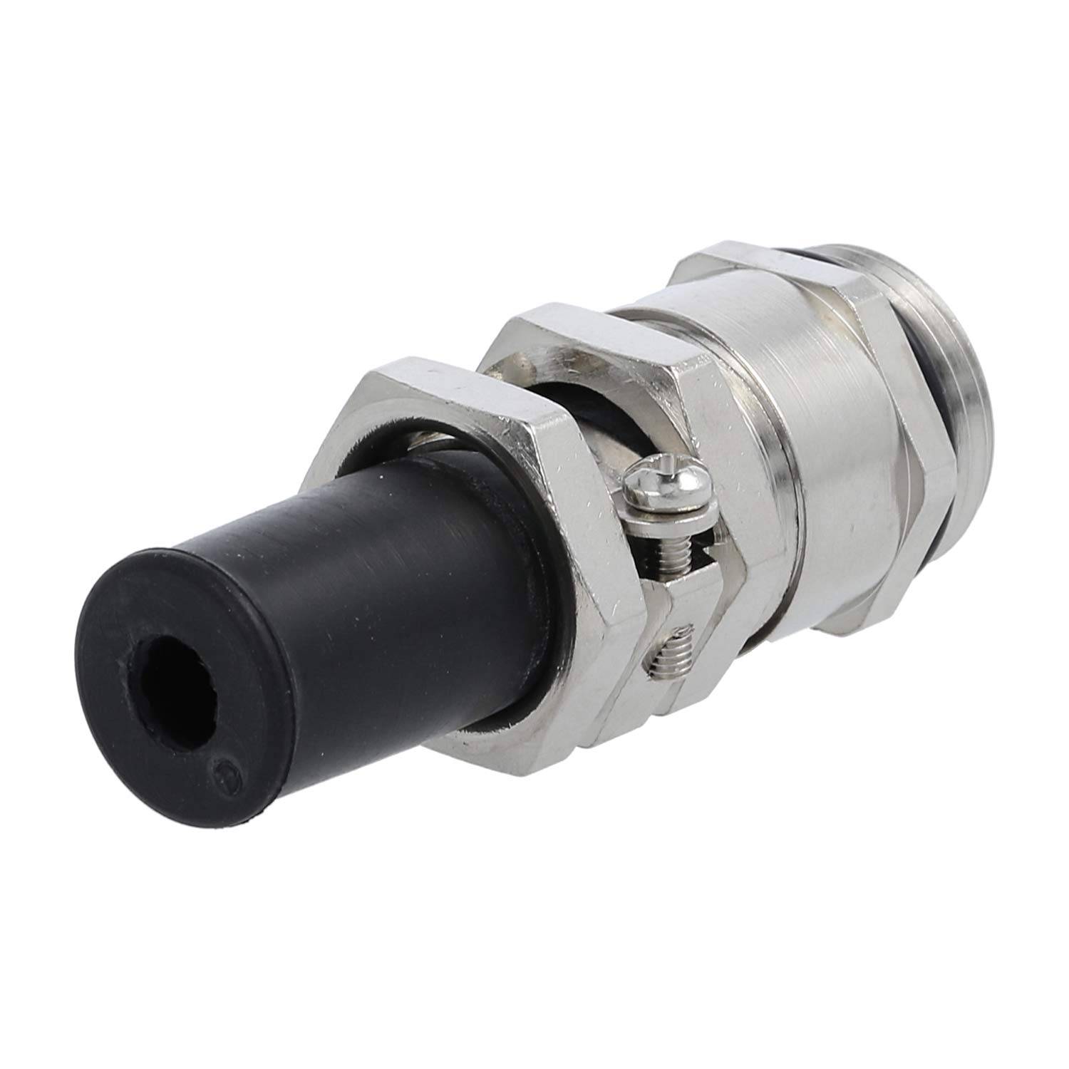 Ein zylindrischer Verbinder aus Metall und schwarzem Gummi mit einem Gewinde am Ende, der für sichere Kabelverbindungen konzipiert ist, in Seitenansicht dargestellt.