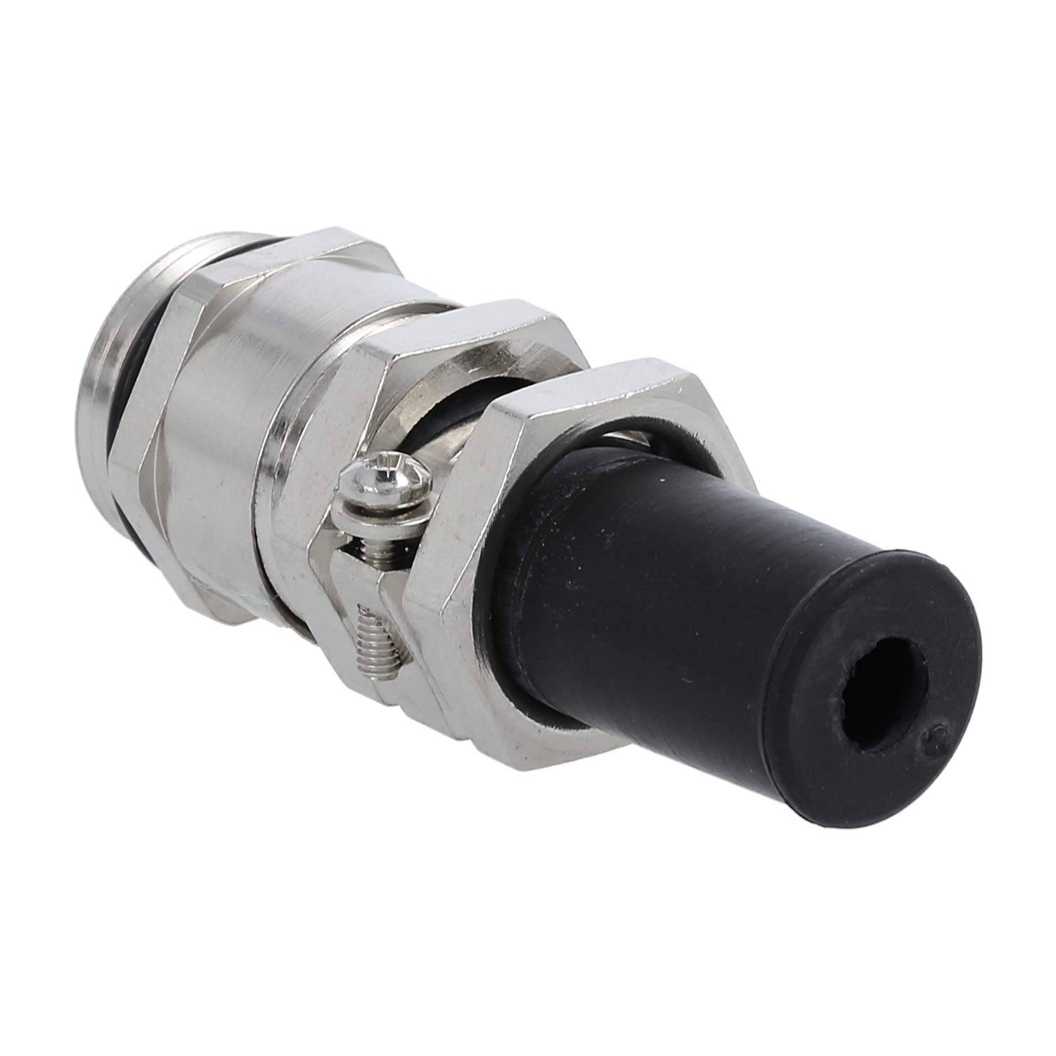 Ein Kabelverschraubung aus Metall und Gummi, die verwendet wird, um Kabel zu sichern, ihre Bewegung zu verhindern und sie vor äußeren Einflüssen zu schützen.