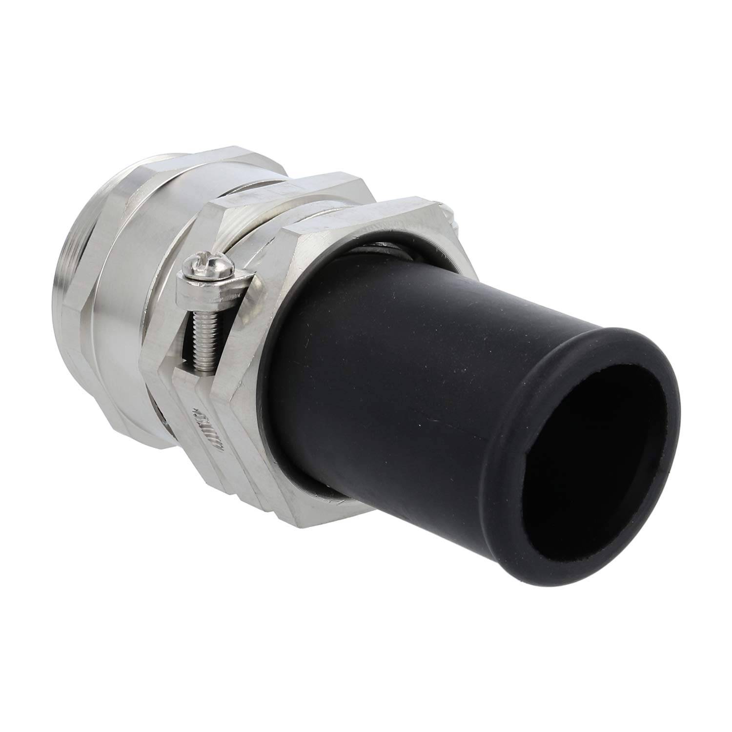 Ein Metall-Elektrokabelverbinder mit einer sechseckigen Mutter und einer schwarzen Gummihülle, entwickelt zum Sichern und Schützen von Kabeln.