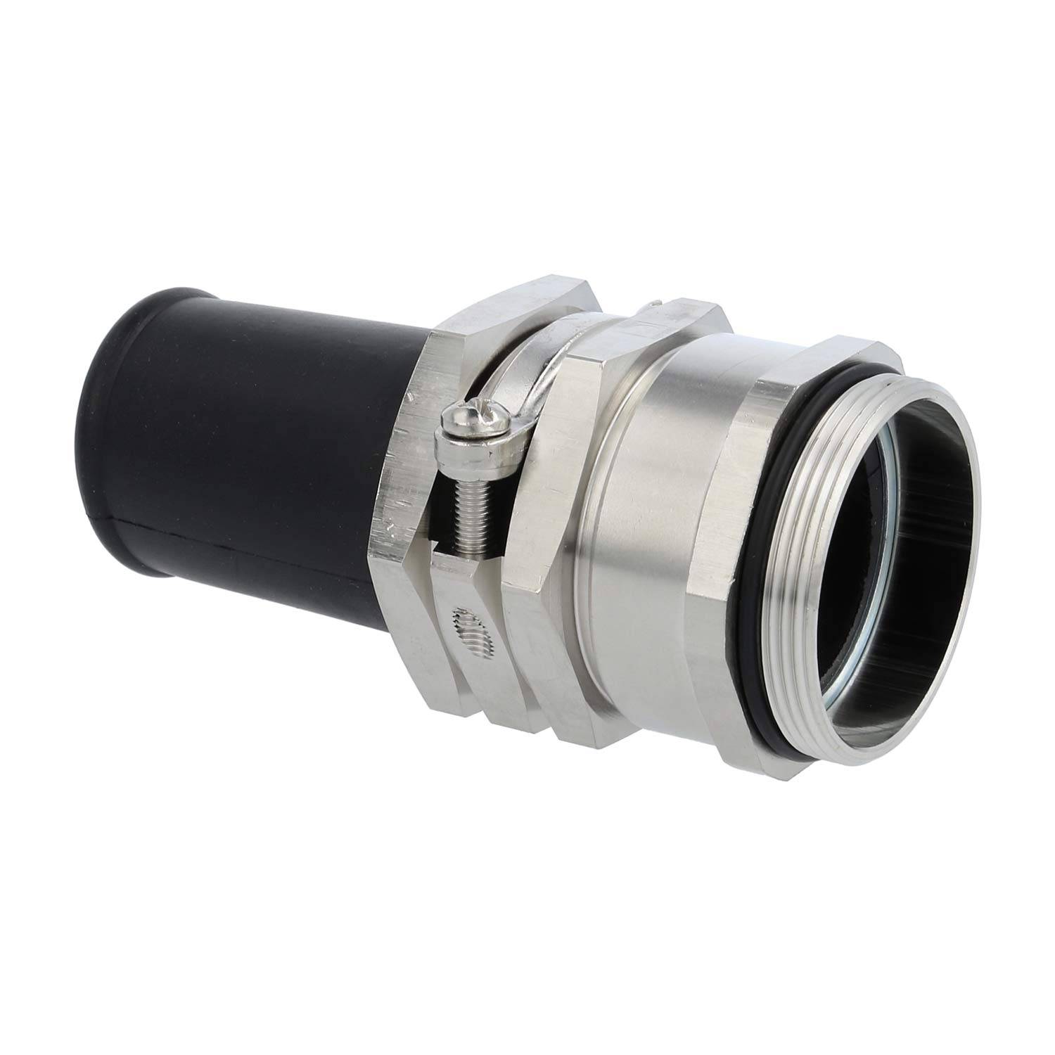Eine Industriearmatur aus Metall und Gummi für Leitungssysteme mit Gewinde-Design und Kompressionselementen für eine sichere Verbindung.