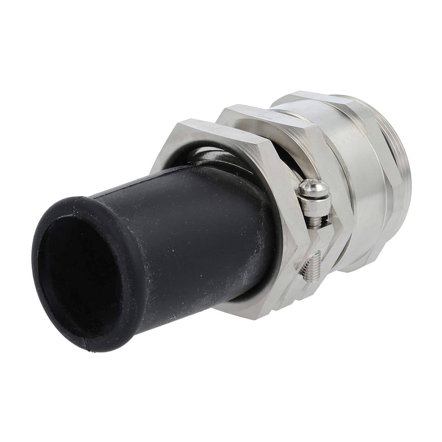 Eine Kabelverschraubung aus Metall und Gummi mit Gewinde zum Sichern und Schützen von elektrischen Kabeln in einer industriellen Umgebung.