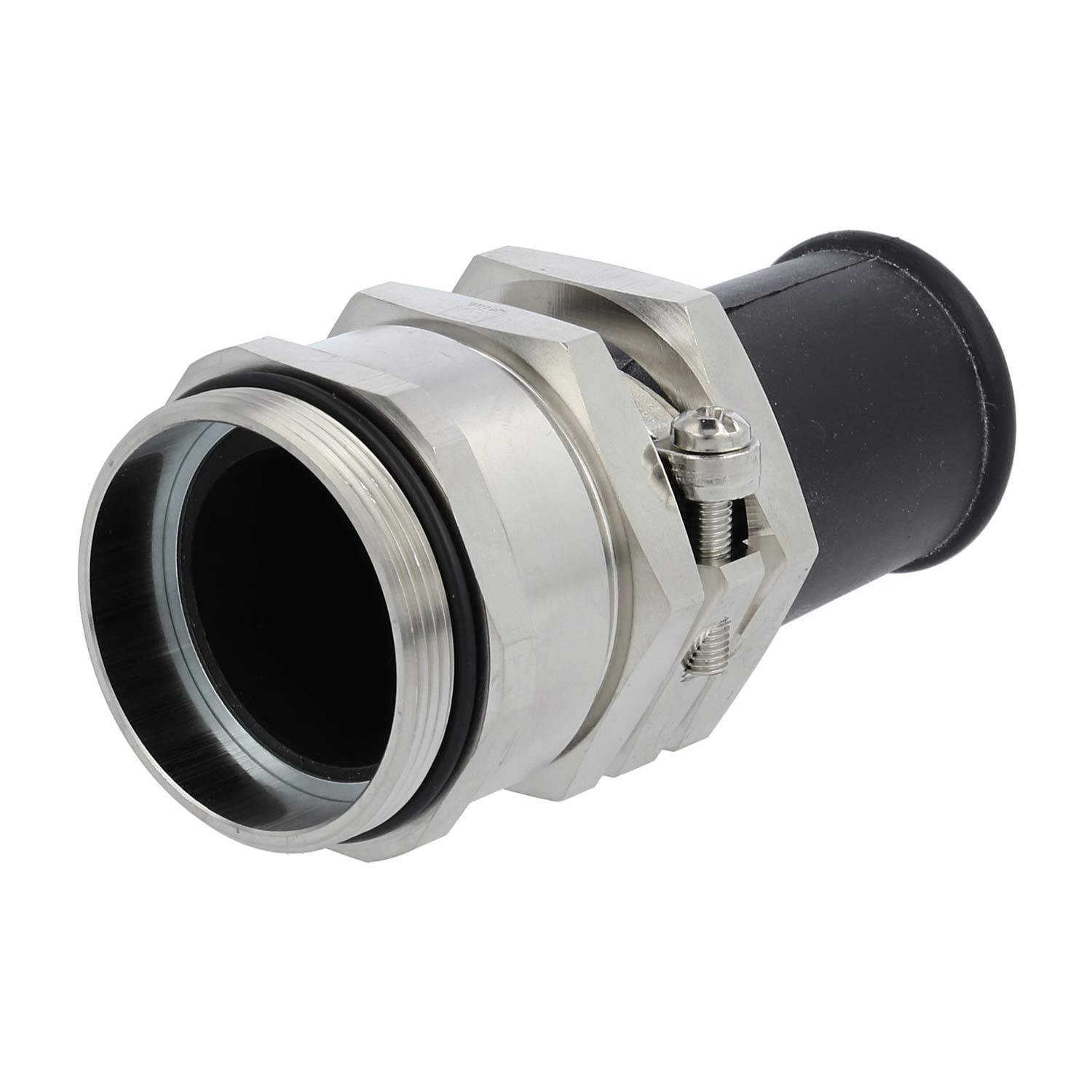 Ein metallischer Rohranschluss mit einem schwarzen gummierten Ende, ausgestattet mit einer Befestigungsschraube und einem Gewindelabschnitt für eine sichere Befestigung.