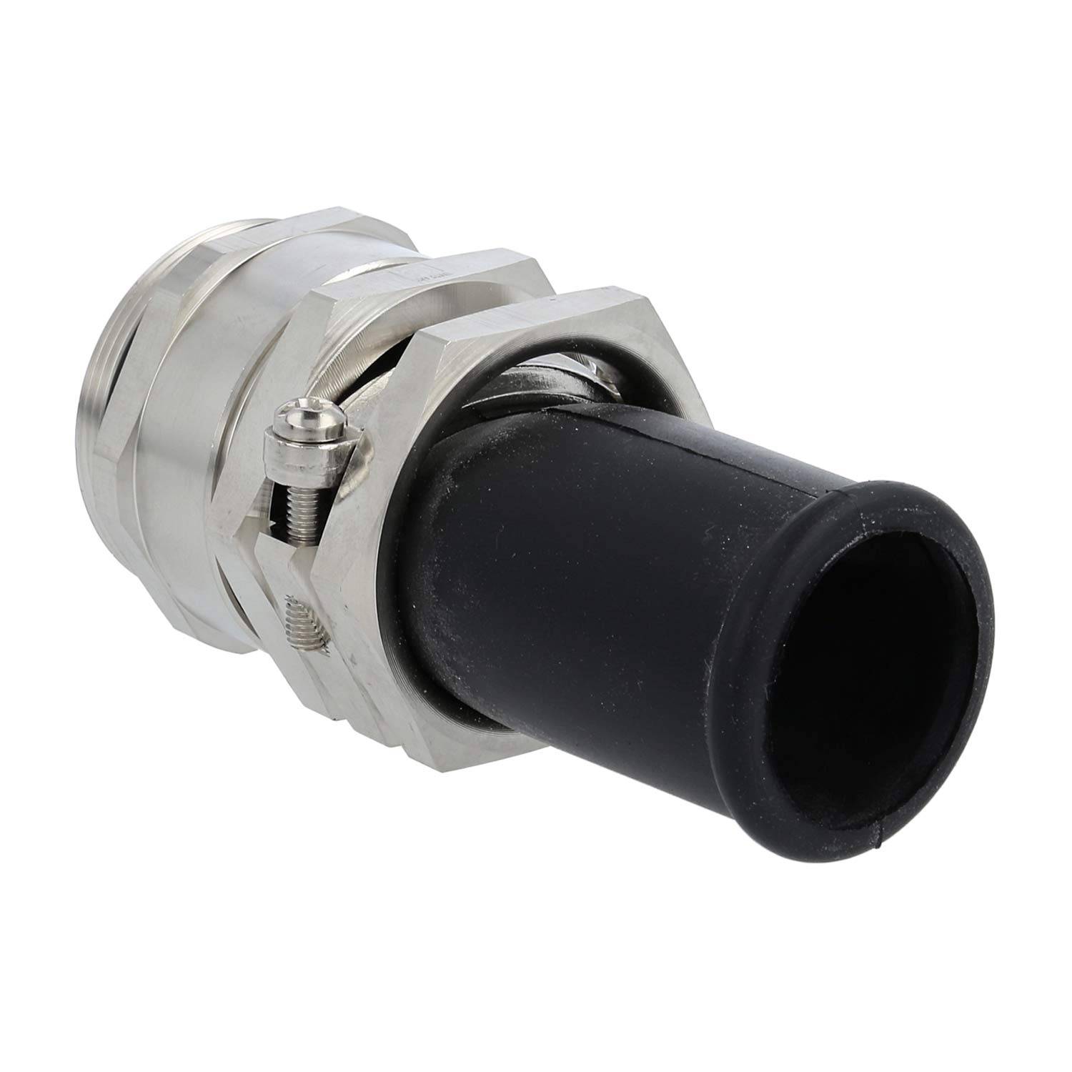 Eine Kabelverschraubung aus Metall mit einer schwarzen Gummidichtung, die verwendet wird, um Kabel zu sichern und das Eindringen von Staub oder Wasser in elektrische Gehäuse zu verhindern.