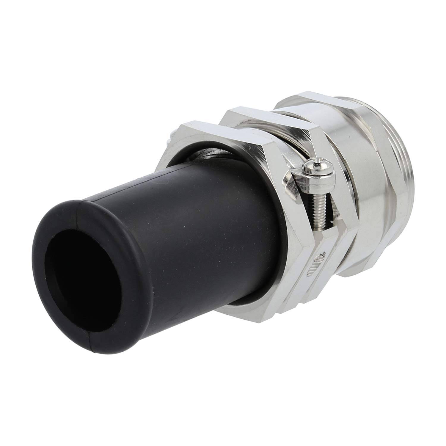 Metall-Kabelverschraubung mit einer schwarzen Gummidichtung, verwendet zur Sicherung und zum Schutz von Kabeln, auf weißem Hintergrund dargestellt.