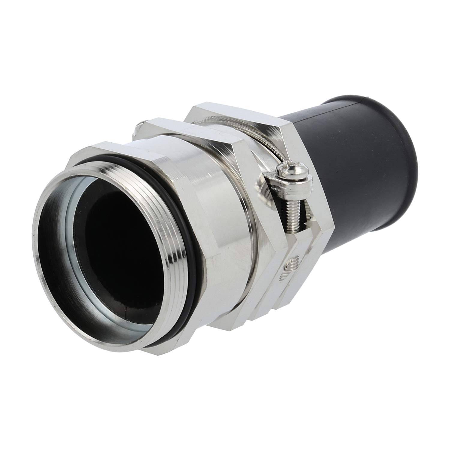 Eine Kabelverschraubung aus Metall und Kunststoff mit Gewinde, entwickelt zum Befestigen und Schützen von Kabeln in elektrischen Installationen.