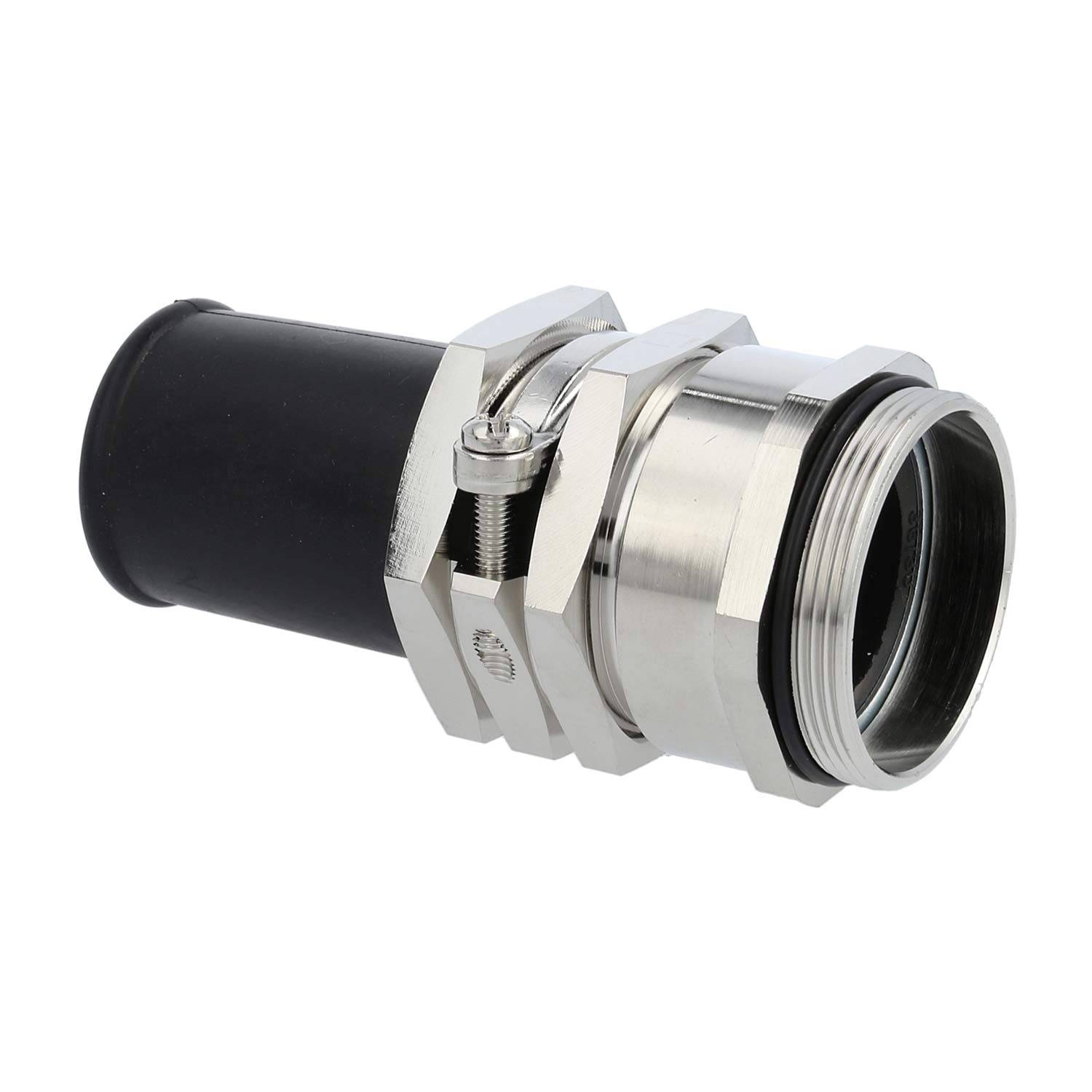 Silber-Metall-Kabelverschraubung mit schwarzer Gummidichtung, verwendet zum Sichern von elektrischen Kabeln in industriellen Geräten.