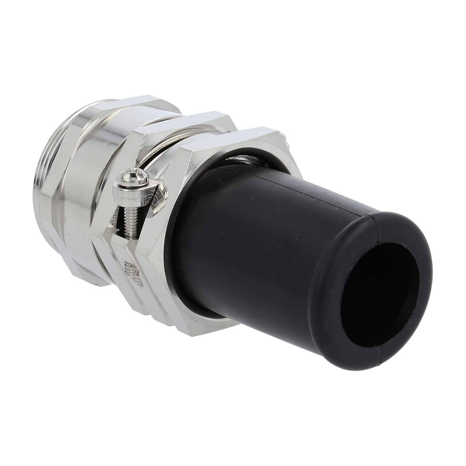 Eine zylindrische Metallkupplung mit einer schwarzen Kunststofferweiterung, die zum sicheren Verbinden von Rohren oder Kabeln dient, mit sichtbaren Schrauben und Gewinde.