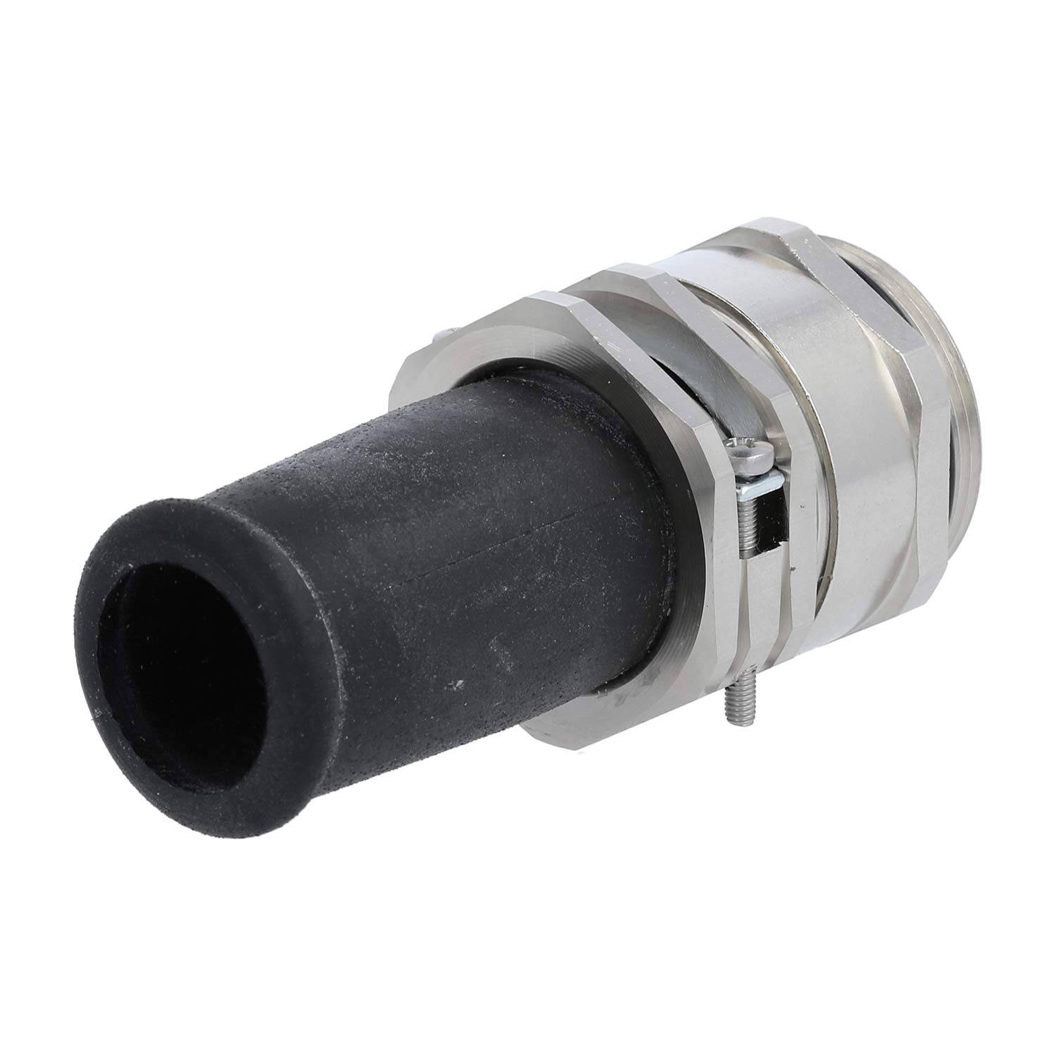 Ein schwarzer Gummischlauchverbinder mit einer Metallschelle und Gewindeverbindung, verwendet für eine sichere Befestigung an Rohren oder Ausrüstung in der Sanitärtechnik.