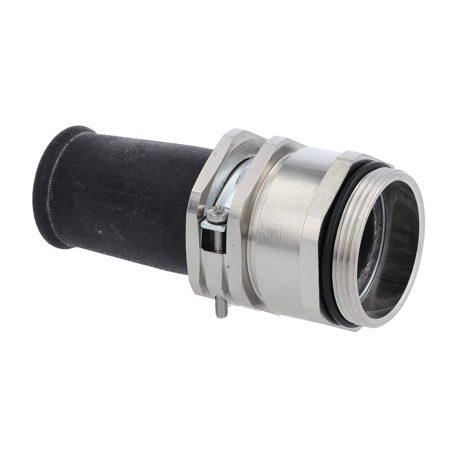 Eine schwarze und metallische industrielle Rohrverschraubung mit einem Klemmmechanismus und einer Gummidichtung, die für sichere Verbindungen in Rohrleitungssystemen konzipiert ist.