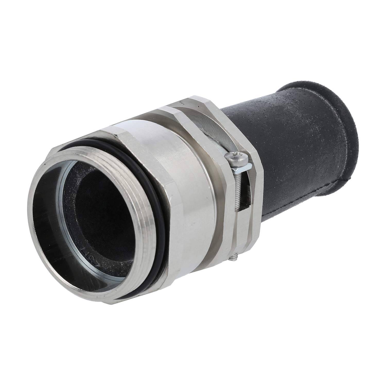 Eine Nahaufnahme eines Metall- und Gummirohrverbinders, der ein Gewinde und eine Schelle zur Sicherung von Verbindungen in Rohrsystemen zeigt.