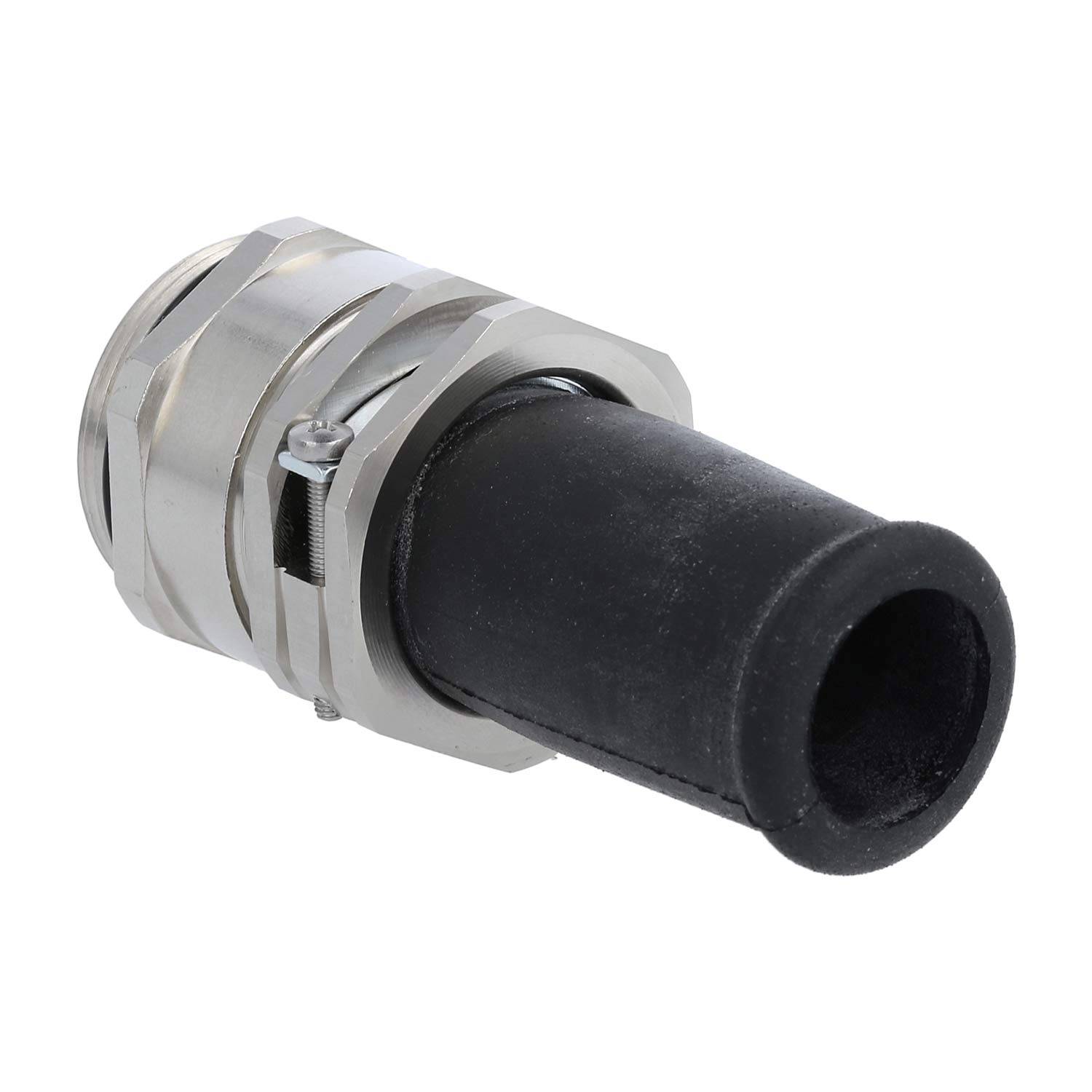 Eine metallische Kabelverschraubung mit einer Gummidichtung, die zum Sichern und Schützen von Kabeln entwickelt wurde. Sie verfügt über eine sechseckige Sicherungsmutter und Gewinde.