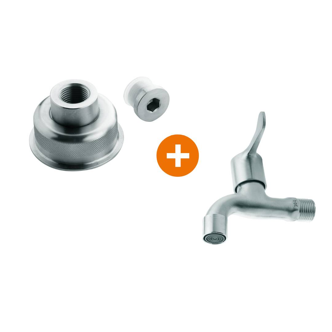 Berger & Schröter | Anschlussstück für Hahnaufsatz + Zapfhahn für Edelstahlkanister 20 L