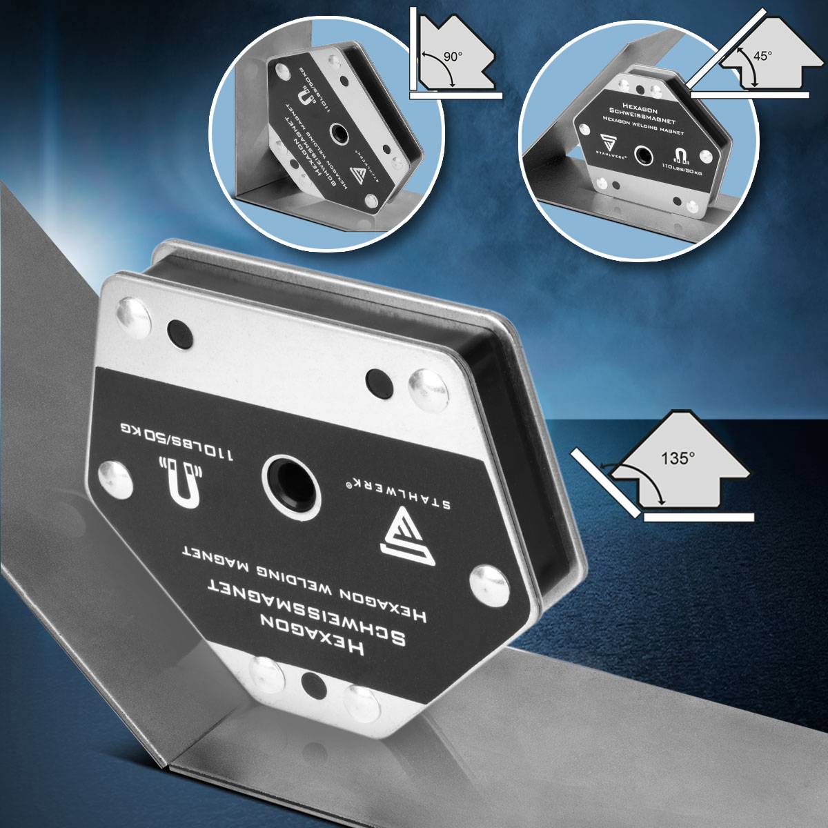 STAHLWERK Hexagon Schweißmagnet, Leistungsstarker Magnet 50 kg Haftkraft 2er Set
