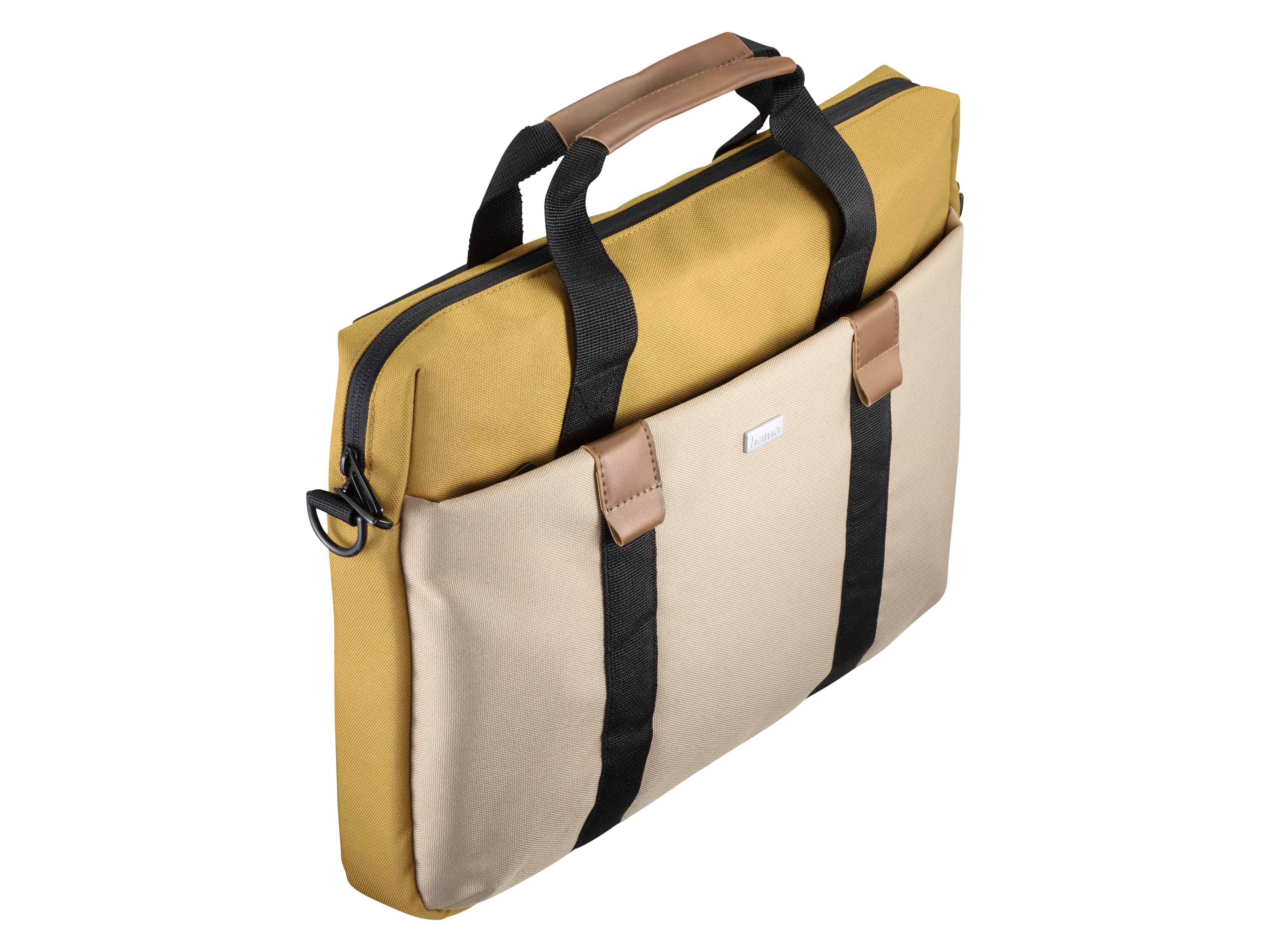 Eine beige und gelbe Laptoptasche mit schwarzen Griffen und Riemen, ausgestattet mit einer Vordertasche und Lederakzenten an den oberen Griffen.