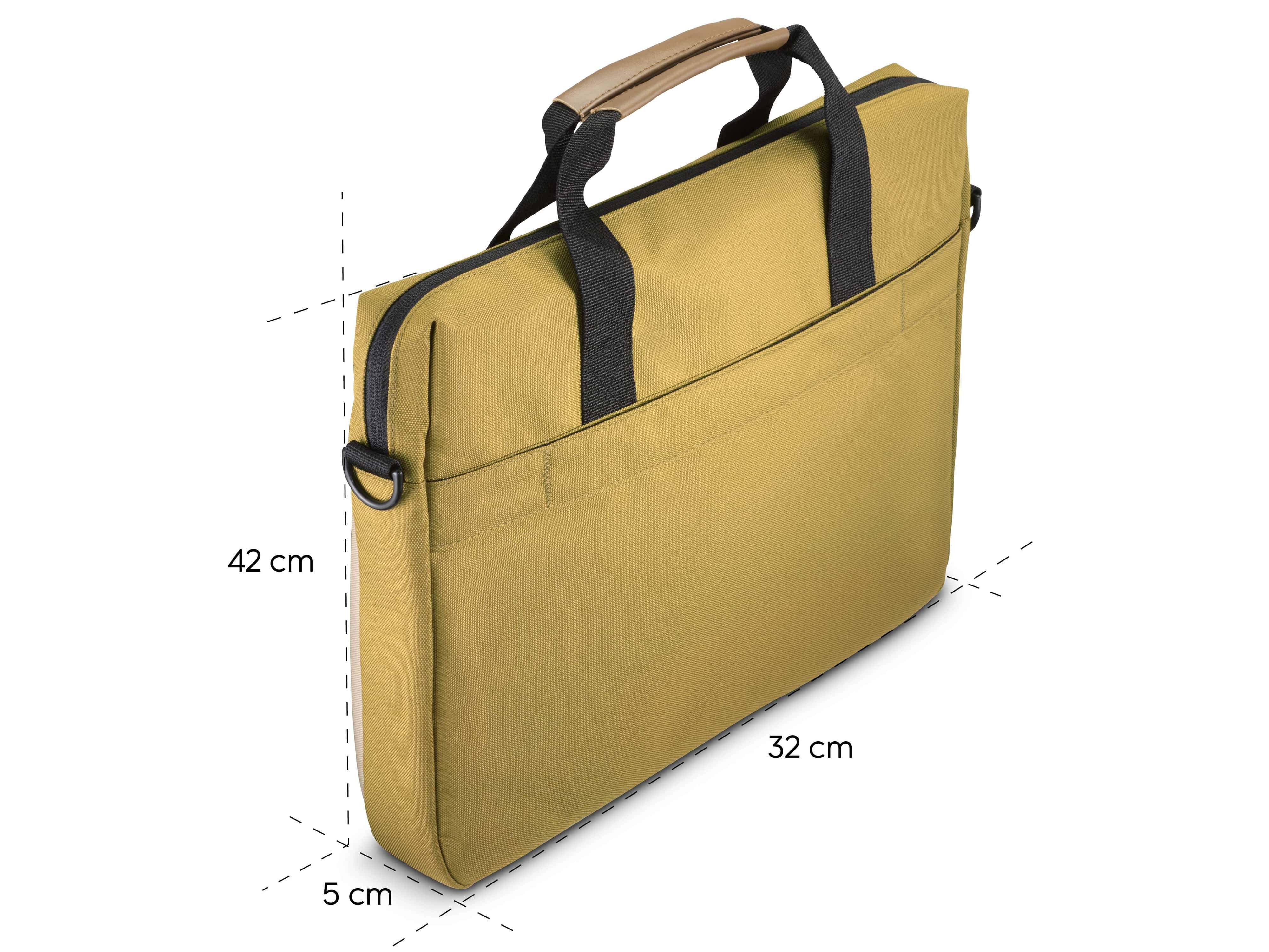 Eine gelbe Laptoptasche mit einem braunen Griff und schwarzen Schultergurten. Externe Maße angegeben: 42 cm Höhe, 32 cm Länge, 5 cm Tiefe.