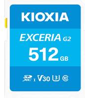 KIOXIA Exceria G2 512GB SD-Speicherkarte mit Geschwindigkeits- und Klassensymbolen auf einem blauen Etikett.